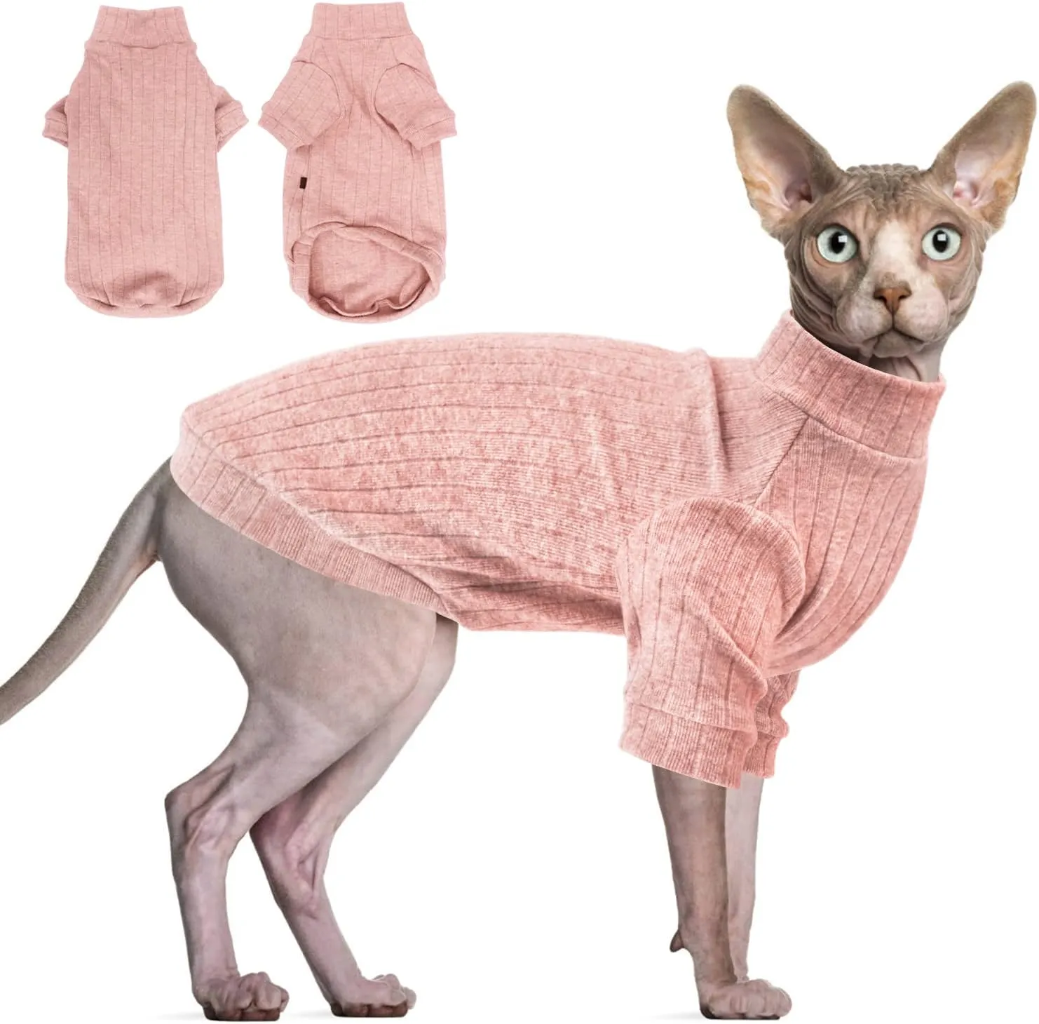 Idepet Sphynx Hairless Cats Sweater Shirt Kitten Soft Puppy Clothes Pullover Cute Cat Pajamas Jumpsuit Cotton Apparel Pet Winter Turtleneck for Cats and Teacup Chihuahua Small Dogs(Pink,XS)
