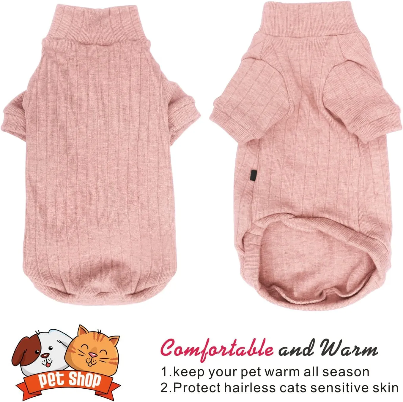 Idepet Sphynx Hairless Cats Sweater Shirt Kitten Soft Puppy Clothes Pullover Cute Cat Pajamas Jumpsuit Cotton Apparel Pet Winter Turtleneck for Cats and Teacup Chihuahua Small Dogs(Pink,XS)