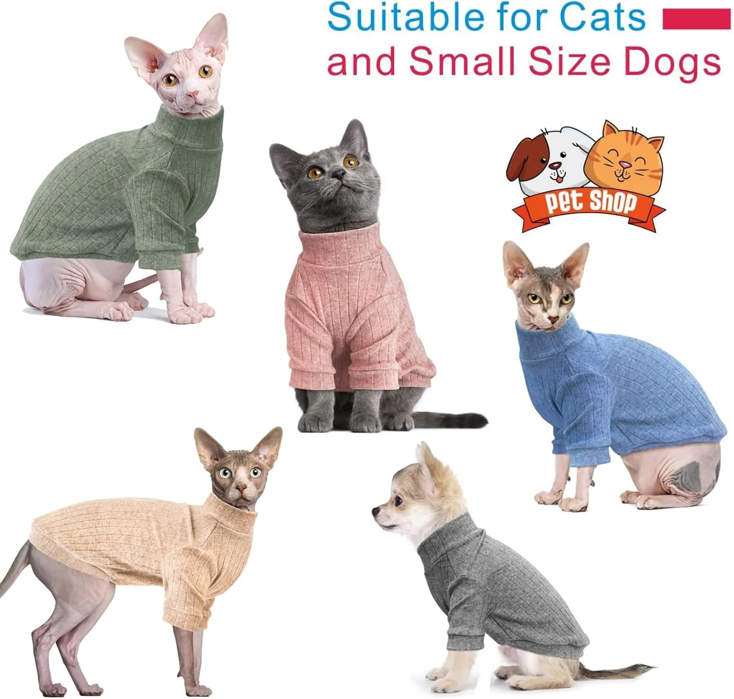 Idepet Sphynx Hairless Cats Sweater Shirt Kitten Soft Puppy Clothes Pullover Cute Cat Pajamas Jumpsuit Cotton Apparel Pet Winter Turtleneck for Cats and Teacup Chihuahua Small Dogs(Pink,XS)