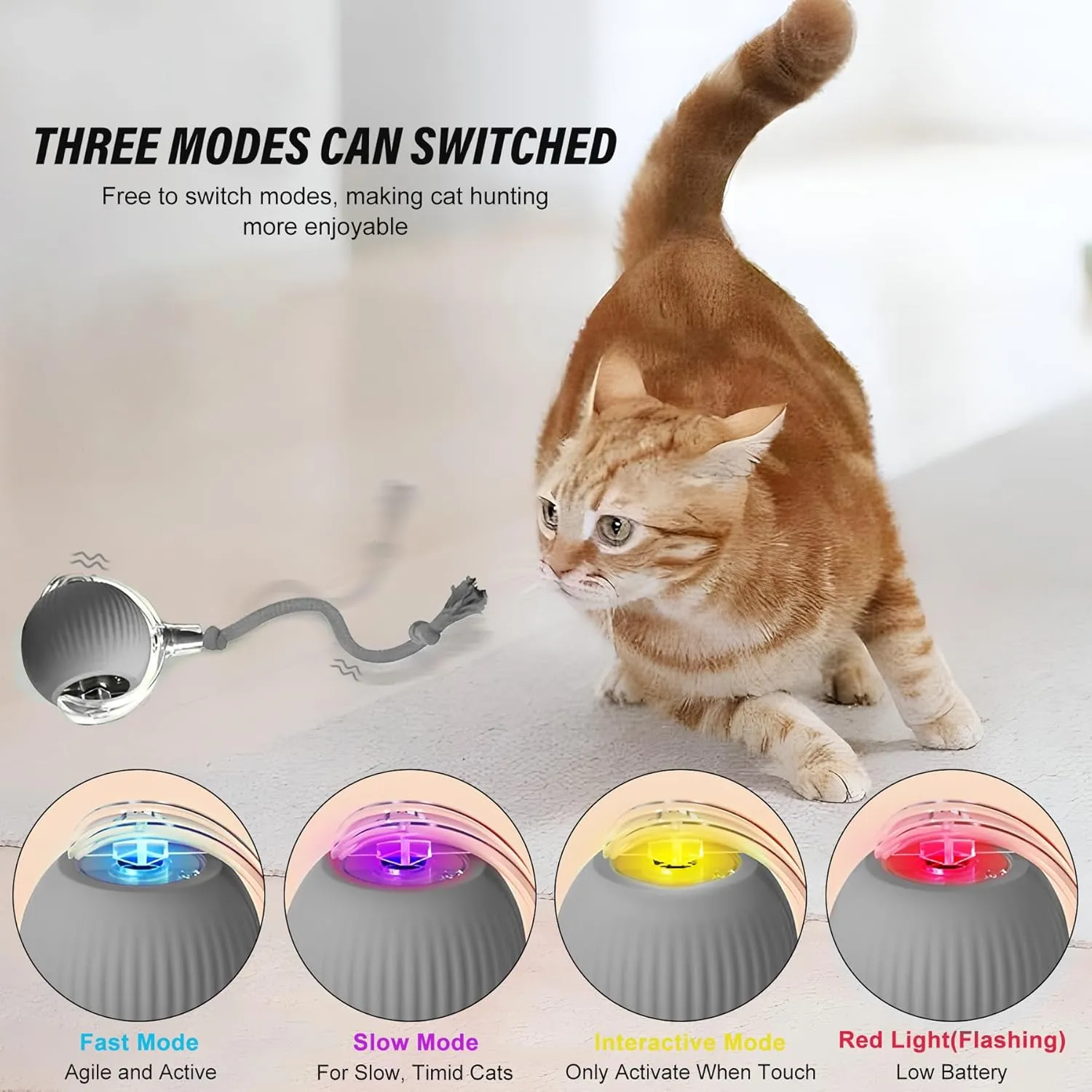 Indoor Cat Interactive Toy Ball Version 2025 - Random Rolling,Flashing on Floor,360 Automatic Rolling Ball Toy for Dogs/Cats (Grey)