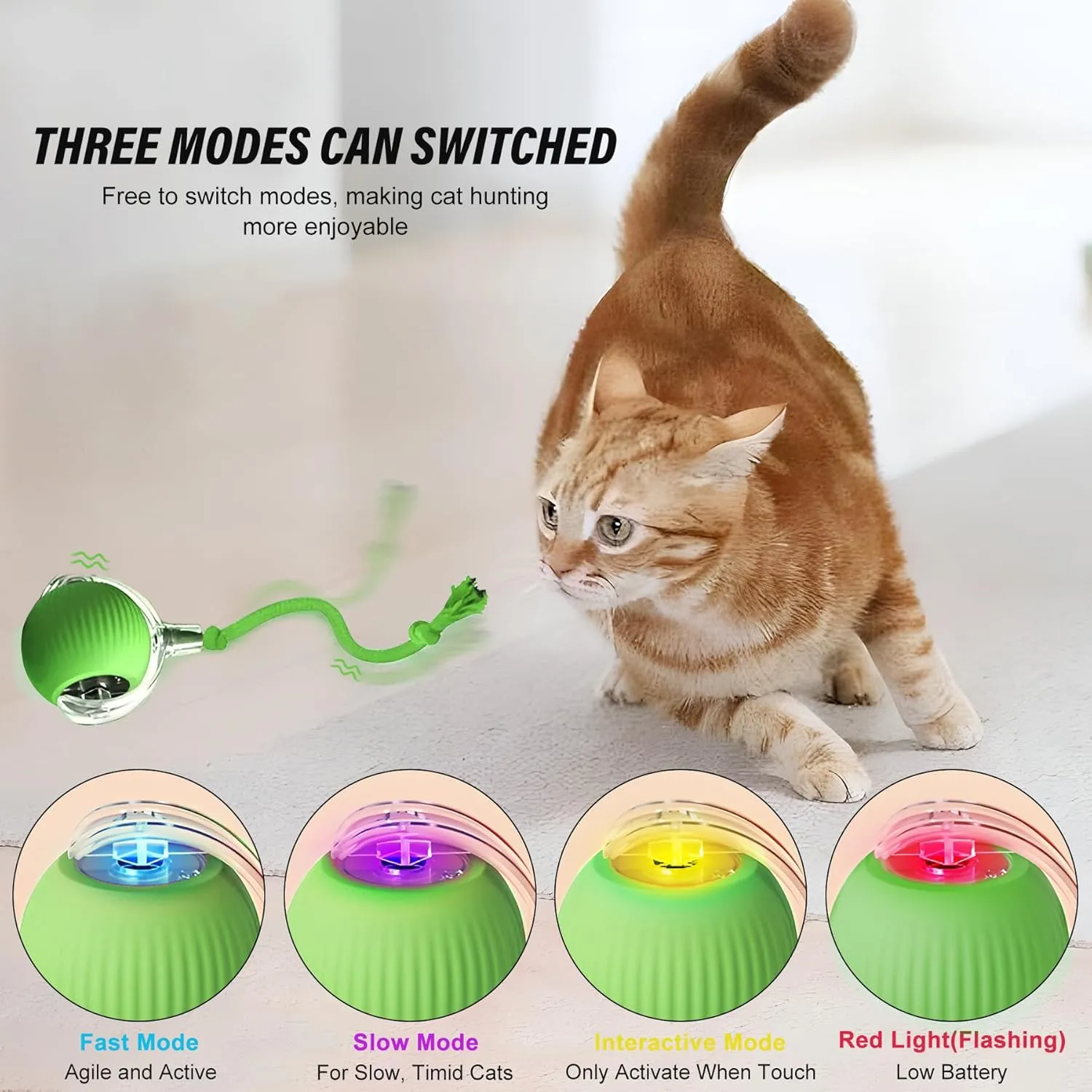 Indoor Cat Interactive Toy Version 2025 - Random Rolling, Flashing on Floor, 360 Automatic Electric Ball for Dogs/Cats (Green)