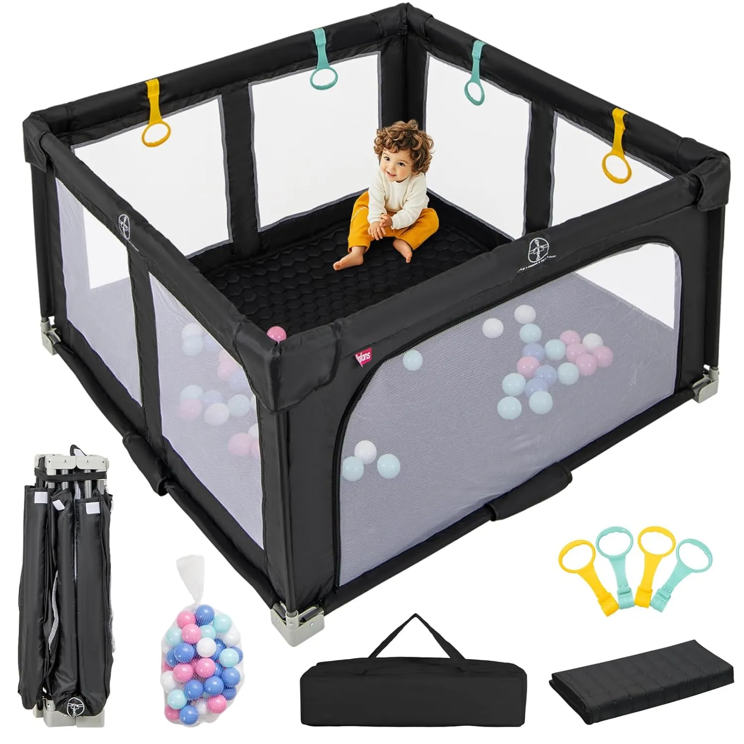INFANS Foldable Baby Playpen with Mat, 50 x 50 Large Baby Play Yard for Infant with 50 Ocean Balls, 4 Handlers, Carry Bag, Indoor Outdoor Fence Toddler Activity Center (Black, 50 x 50)