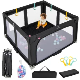INFANS Foldable Baby Playpen with Mat, 50 x 50 Large Baby Play Yard for Infant with 50 Ocean Balls, 4 Handlers, Carry Bag, Indoor Outdoor Fence Toddler Activity Center (Black, 50 x 50)