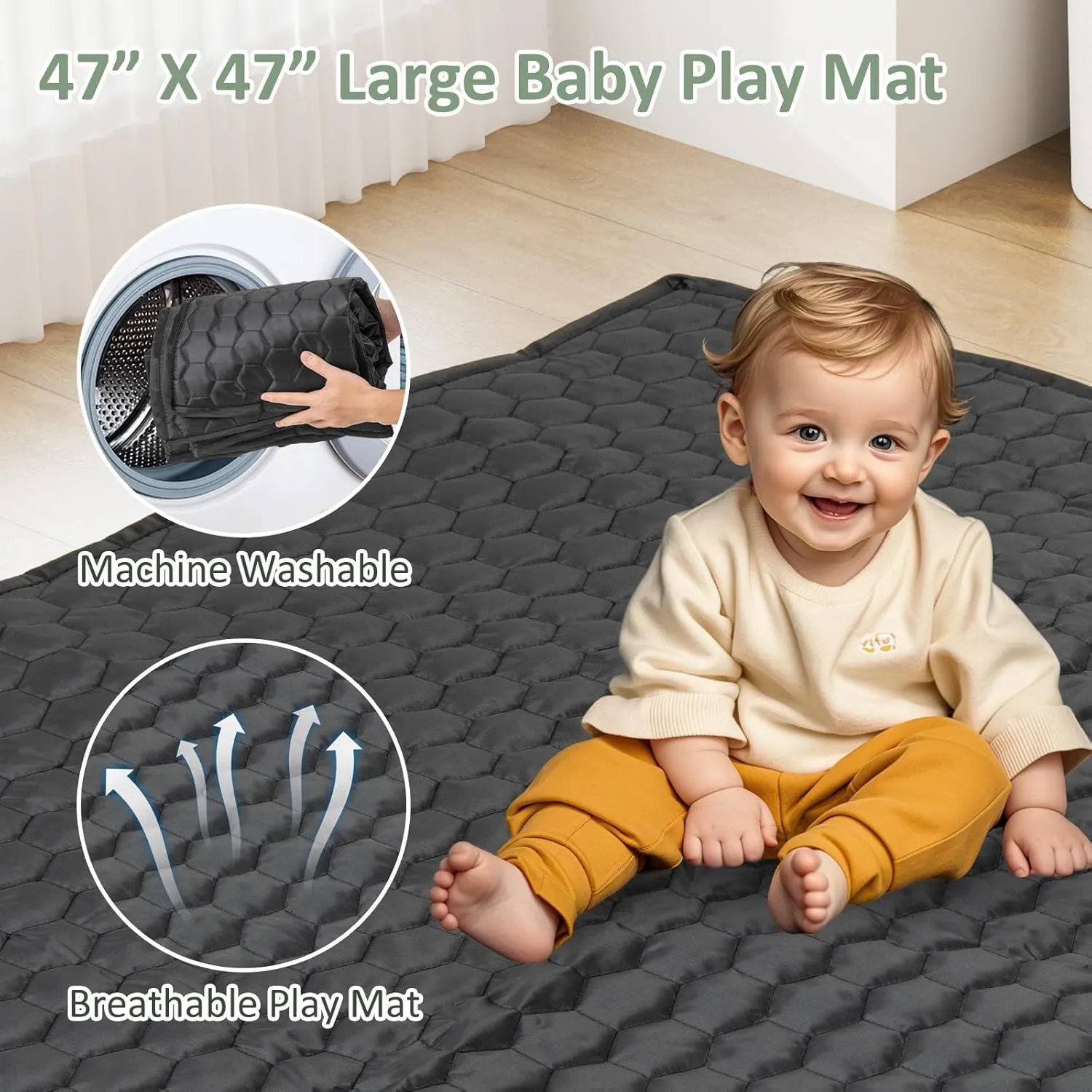 INFANS Foldable Baby Playpen with Mat, 50 x 50 Large Baby Play Yard for Infant with 50 Ocean Balls, 4 Handlers, Carry Bag, Indoor Outdoor Fence Toddler Activity Center (Black, 50 x 50)
