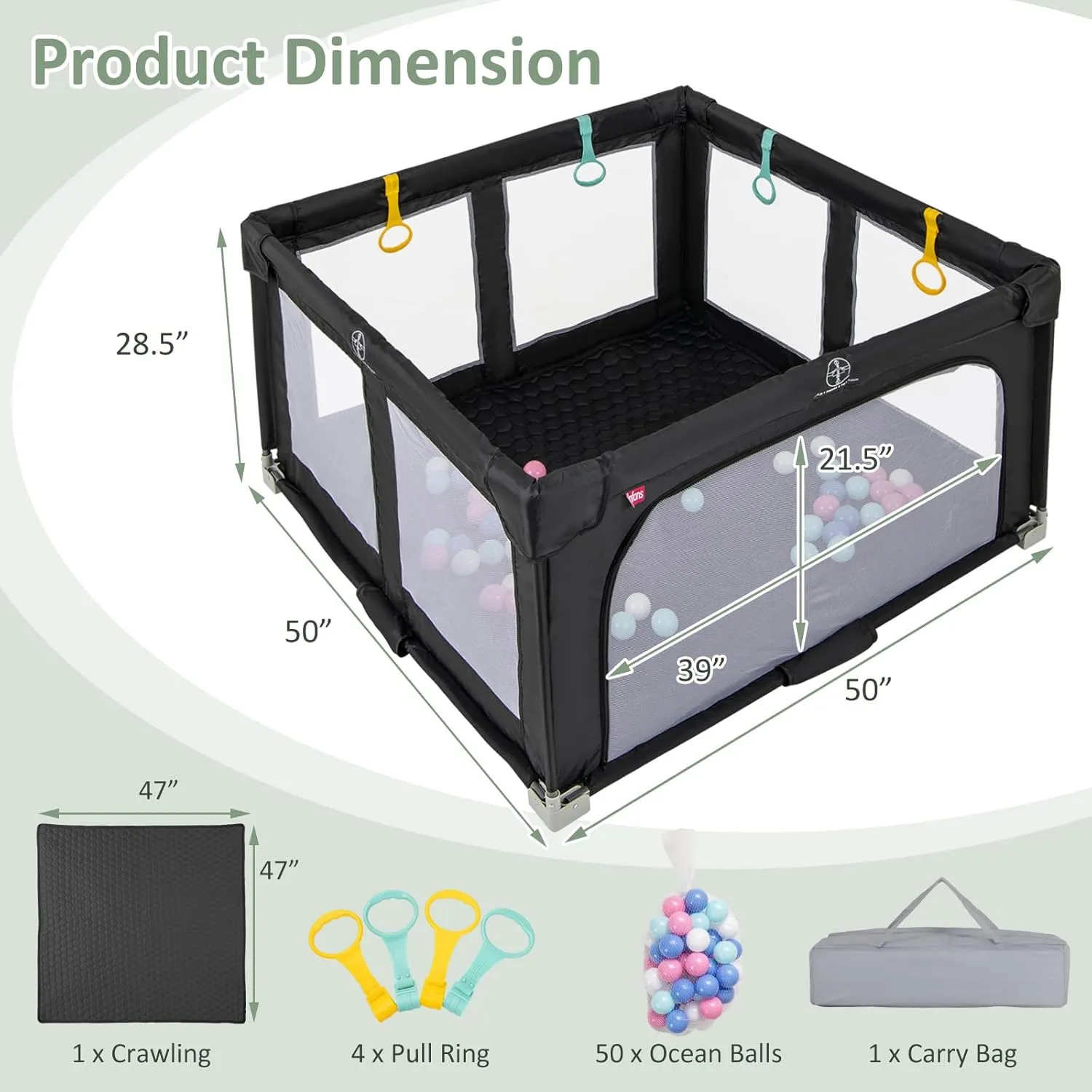 INFANS Foldable Baby Playpen with Mat, 50 x 50 Large Baby Play Yard for Infant with 50 Ocean Balls, 4 Handlers, Carry Bag, Indoor Outdoor Fence Toddler Activity Center (Black, 50 x 50)