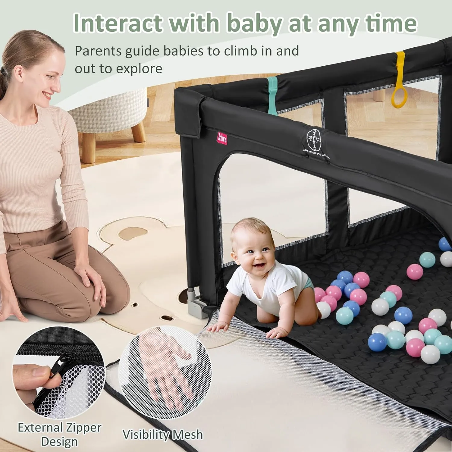 INFANS Foldable Baby Playpen with Mat, 50 x 50 Large Baby Play Yard for Infant with 50 Ocean Balls, 4 Handlers, Carry Bag, Indoor Outdoor Fence Toddler Activity Center (Black, 50 x 50)