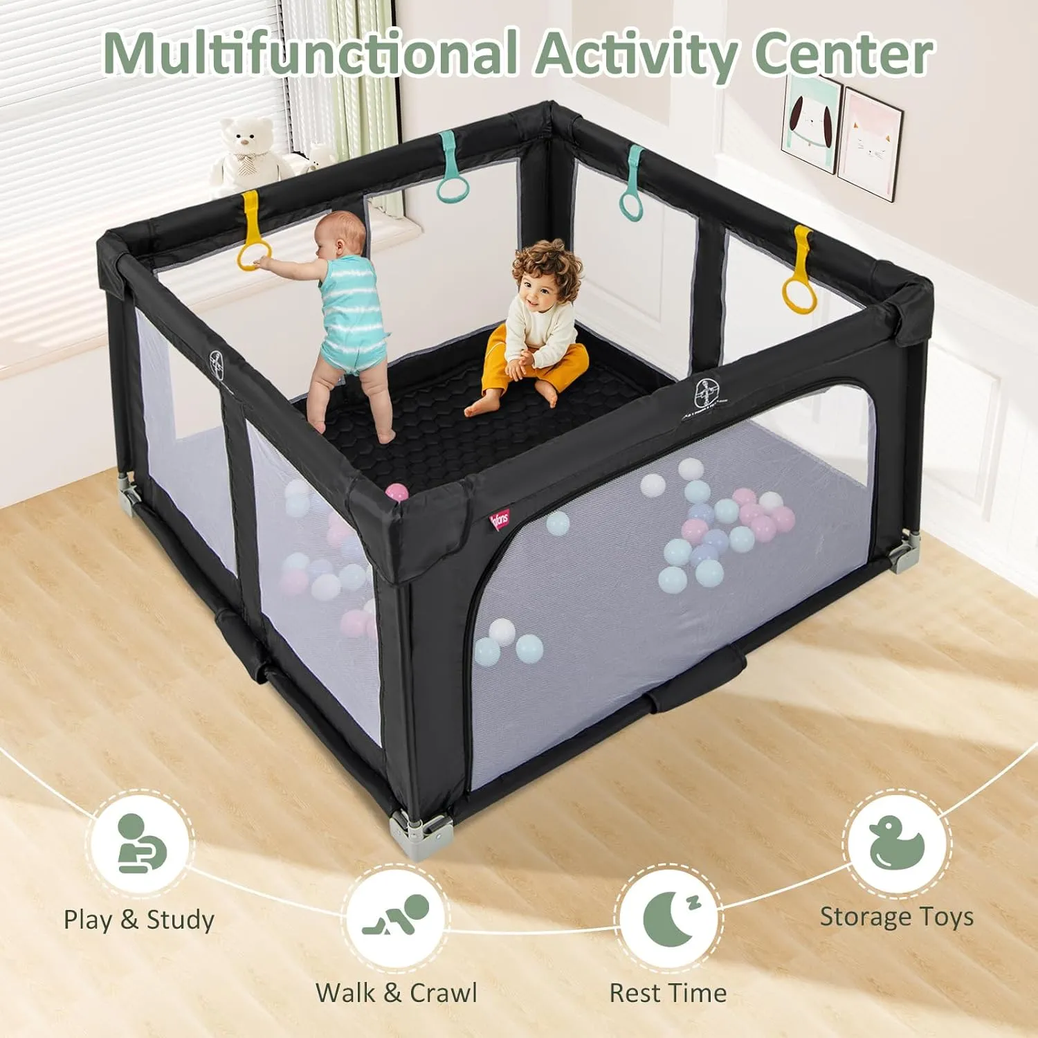 INFANS Foldable Baby Playpen with Mat, 50 x 50 Large Baby Play Yard for Infant with 50 Ocean Balls, 4 Handlers, Carry Bag, Indoor Outdoor Fence Toddler Activity Center (Black, 50 x 50)