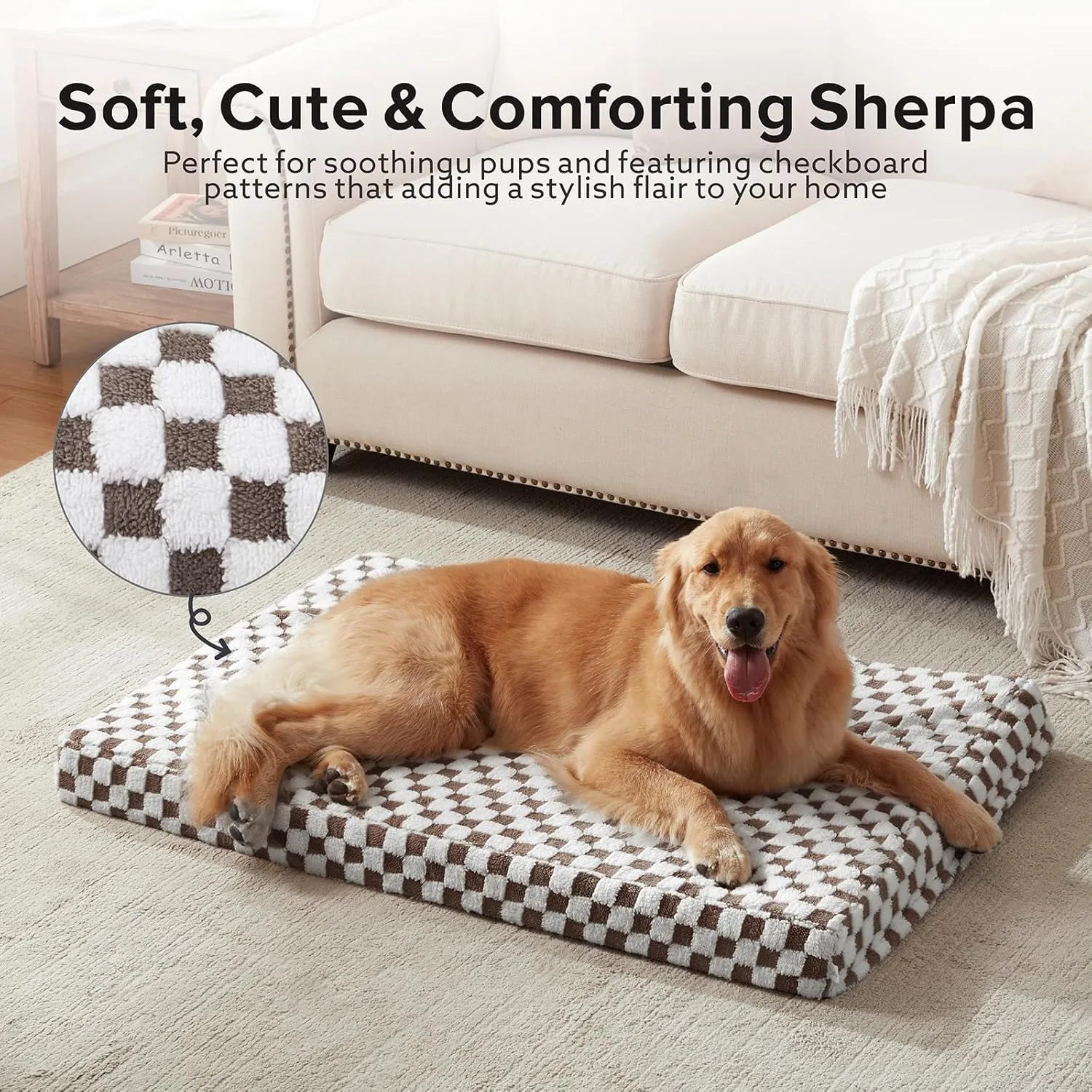 JOEJOY Dog Bed for Large Dogs, Large Orthopedic Dog Bed with Removable Washable Cover, Cute Modern Plush & Memory Egg Crate Foam Dog Bed, 36 x 27 inch, Cofffee