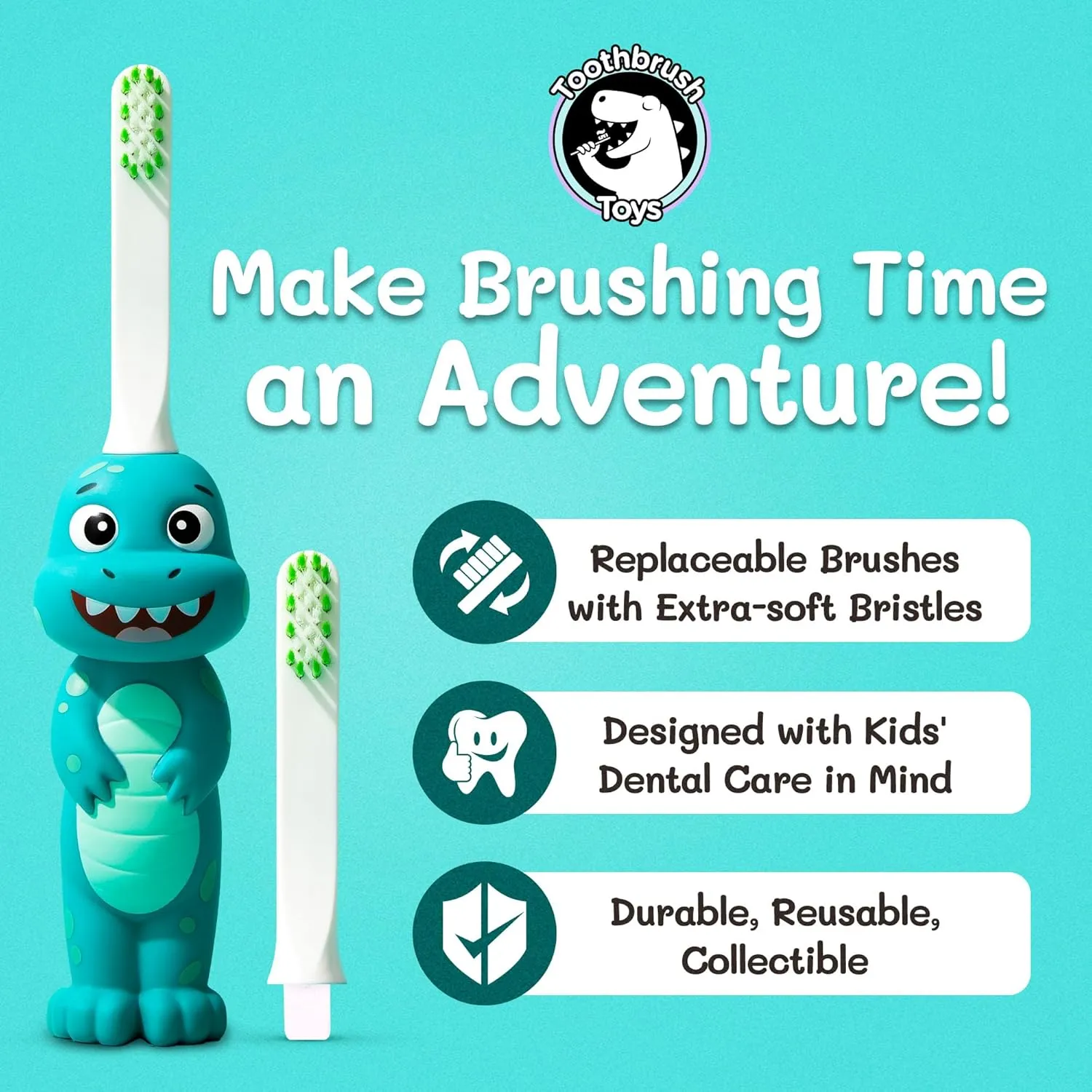 Kids Soft Bristle Dinosaur Toothbrush for Ages 2 , Gentle and Cute Toothbrush for Children with Replaceable Brush Head, Ergonomic Handle Kids Brush for Teeth Care Ideal for Toddlers, Dinosaur Design