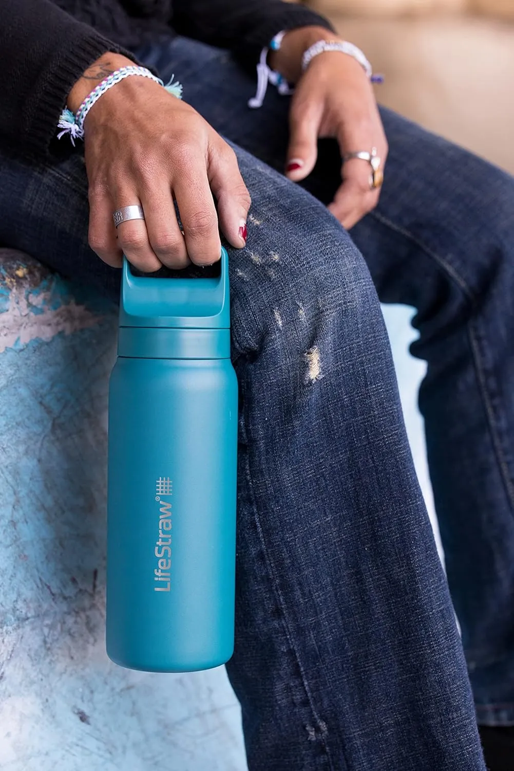 LifeStraw Go Series  Insulated Stainless Steel Water Filter Bottle for Travel and Everyday Use Removes Bacteria, Parasites and Microplastics, Improves Taste, 24oz Laguna Teal