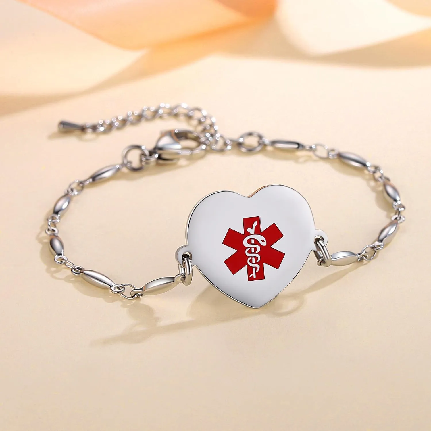 LinnaLove Medical Alert Bracelet for Women Adjustable Stainless steel Heart Charm Medical jewelry
