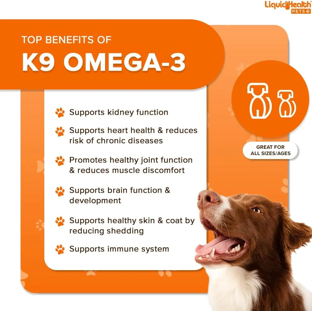 Liquid Health Pets K9 Omega 3 Fish Oil for Dogs - Liquid Omega 3 Supplement for Pets with EPA   DPA   DHA - Reduce Itching & Shedding, Support Joints, Immunity, Brain, Heart Health - USA Made (3 Pack)
