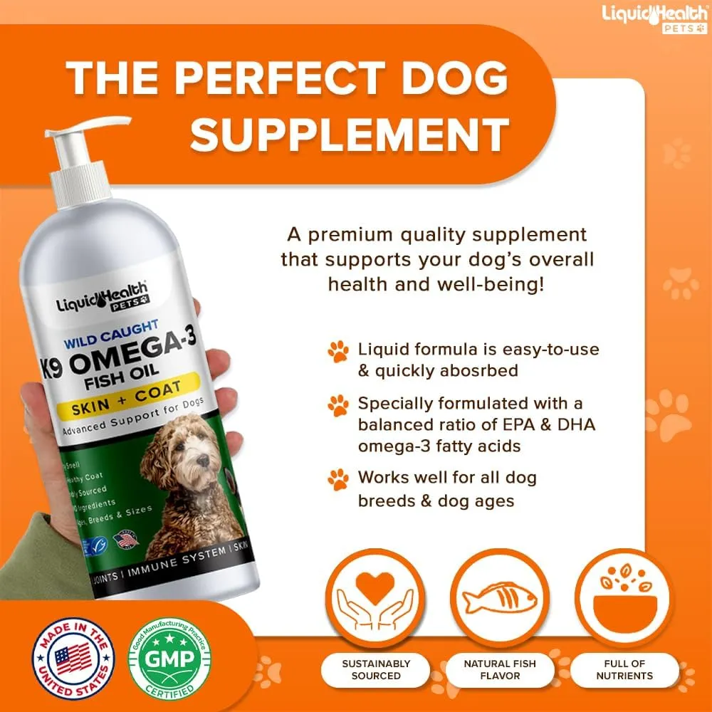 Liquid Health Pets K9 Omega 3 Fish Oil for Dogs - Liquid Omega 3 Supplement for Pets with EPA   DPA   DHA - Reduce Itching & Shedding, Support Joints, Immunity, Brain, Heart Health - USA Made (3 Pack)