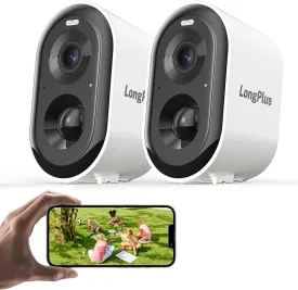 LongPlus Security Cameras Wireless Outdoor Camera Wireless Camera for Home Security, 2 Pack 2K Battery Powered WiFi Cameras with AI Motion Detection, 2-Way Talk, Cloud/SD Storage