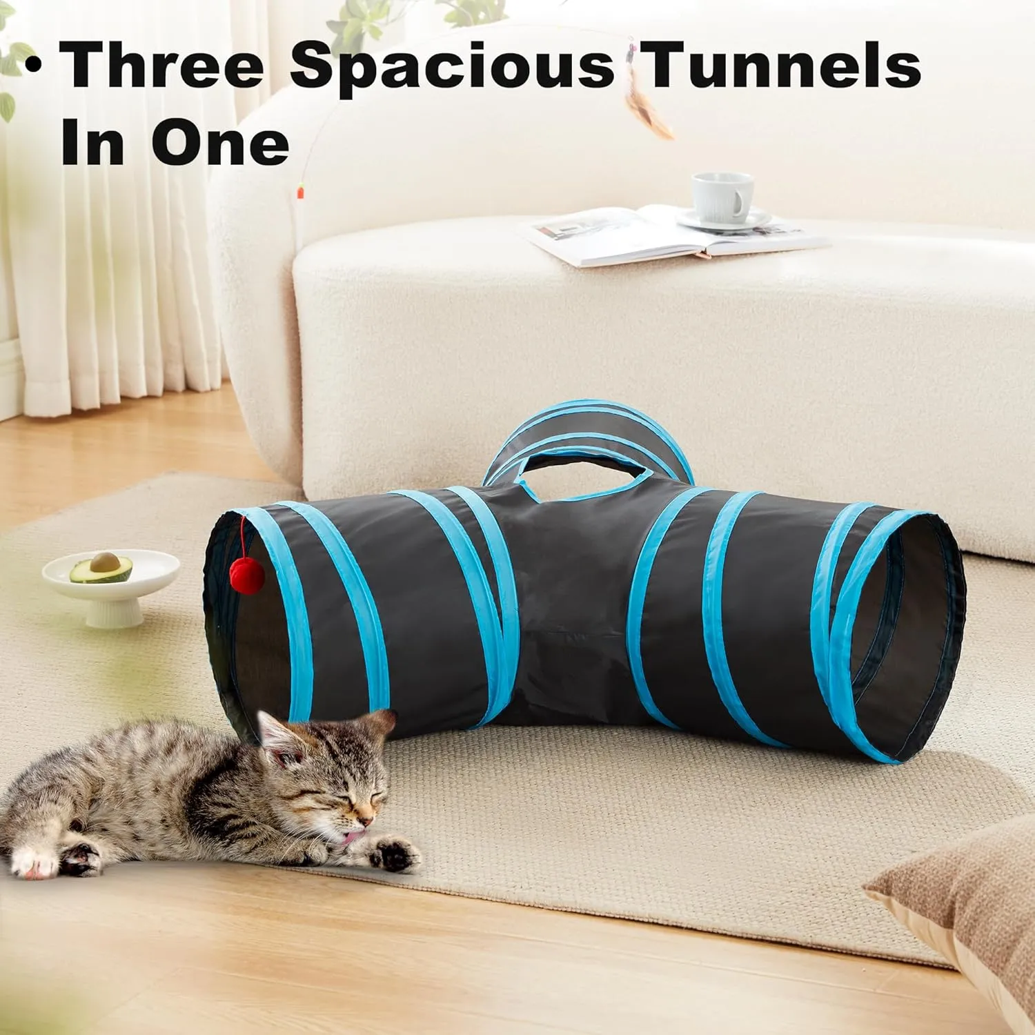 Love's cabin Cat Tunnel Tube Toys 3 Way Collapsible, Cat Tunnels for Indoor CatsKitten Tunnel Bored Pet Play Tunnel with Peek Hole Toy Ball for Kitty, Kitten, Rabbit, Puppy Blue