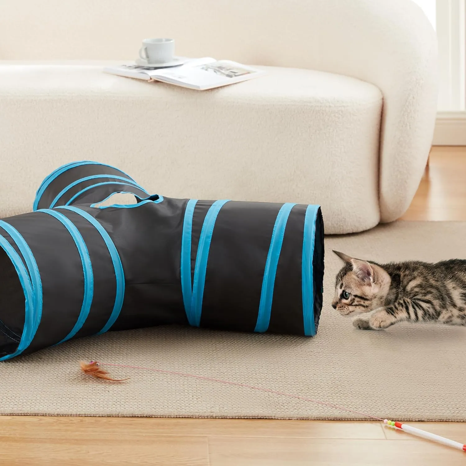 Love's cabin Cat Tunnel Tube Toys 3 Way Collapsible, Cat Tunnels for Indoor CatsKitten Tunnel Bored Pet Play Tunnel with Peek Hole Toy Ball for Kitty, Kitten, Rabbit, Puppy Blue