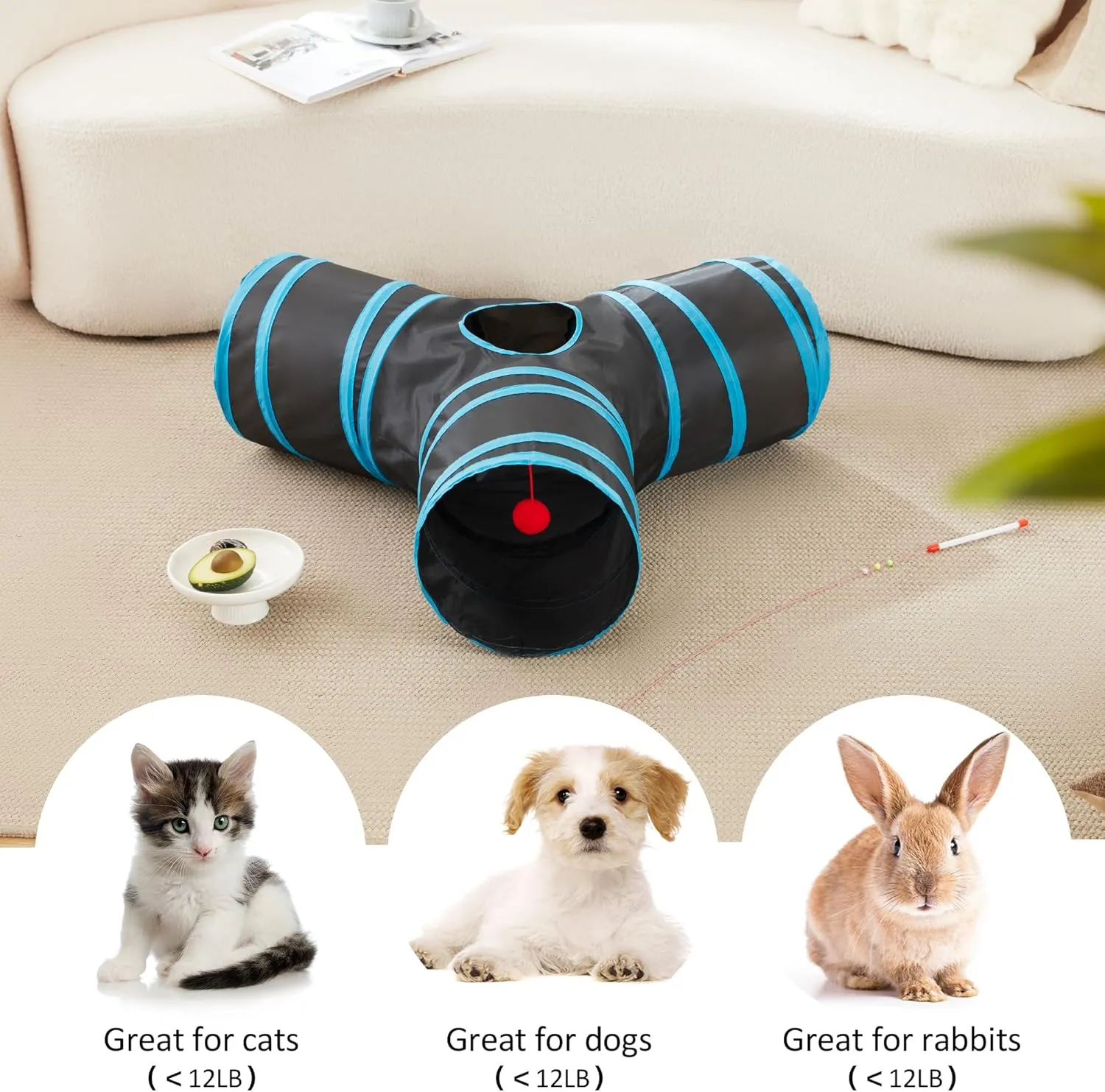 Love's cabin Cat Tunnel Tube Toys 3 Way Collapsible, Cat Tunnels for Indoor CatsKitten Tunnel Bored Pet Play Tunnel with Peek Hole Toy Ball for Kitty, Kitten, Rabbit, Puppy Blue