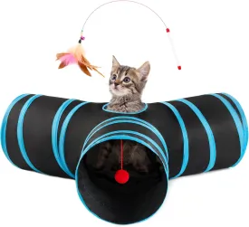 Love's cabin Cat Tunnel Tube Toys 3 Way Collapsible, Cat Tunnels for Indoor CatsKitten Tunnel Bored Pet Play Tunnel with Peek Hole Toy Ball for Kitty, Kitten, Rabbit, Puppy Blue