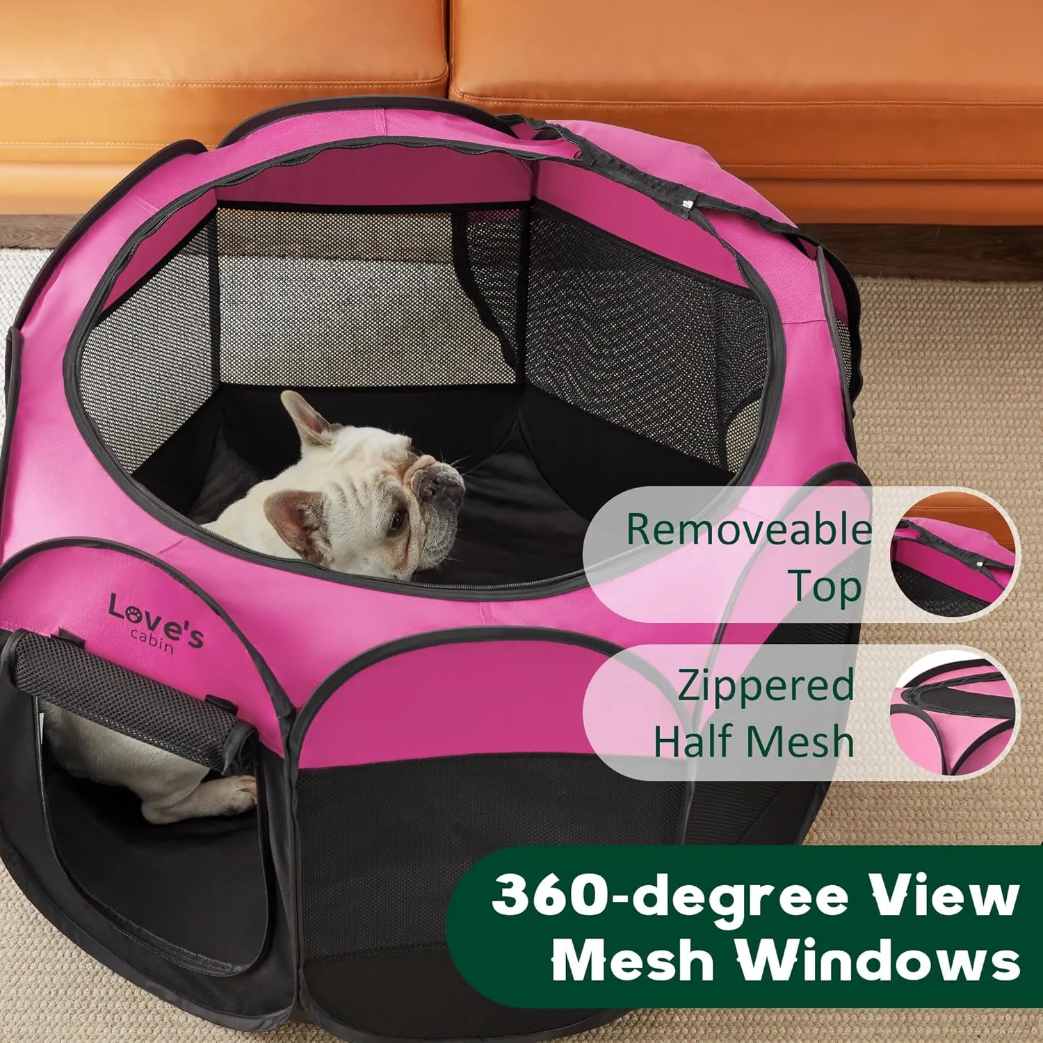 Love's Cabin Pet Puppy Playpen, Medium Dog Tent Crate, Portable Foldable Dog Kennel with Carrying Case, Removable Zipper Top, Pink
