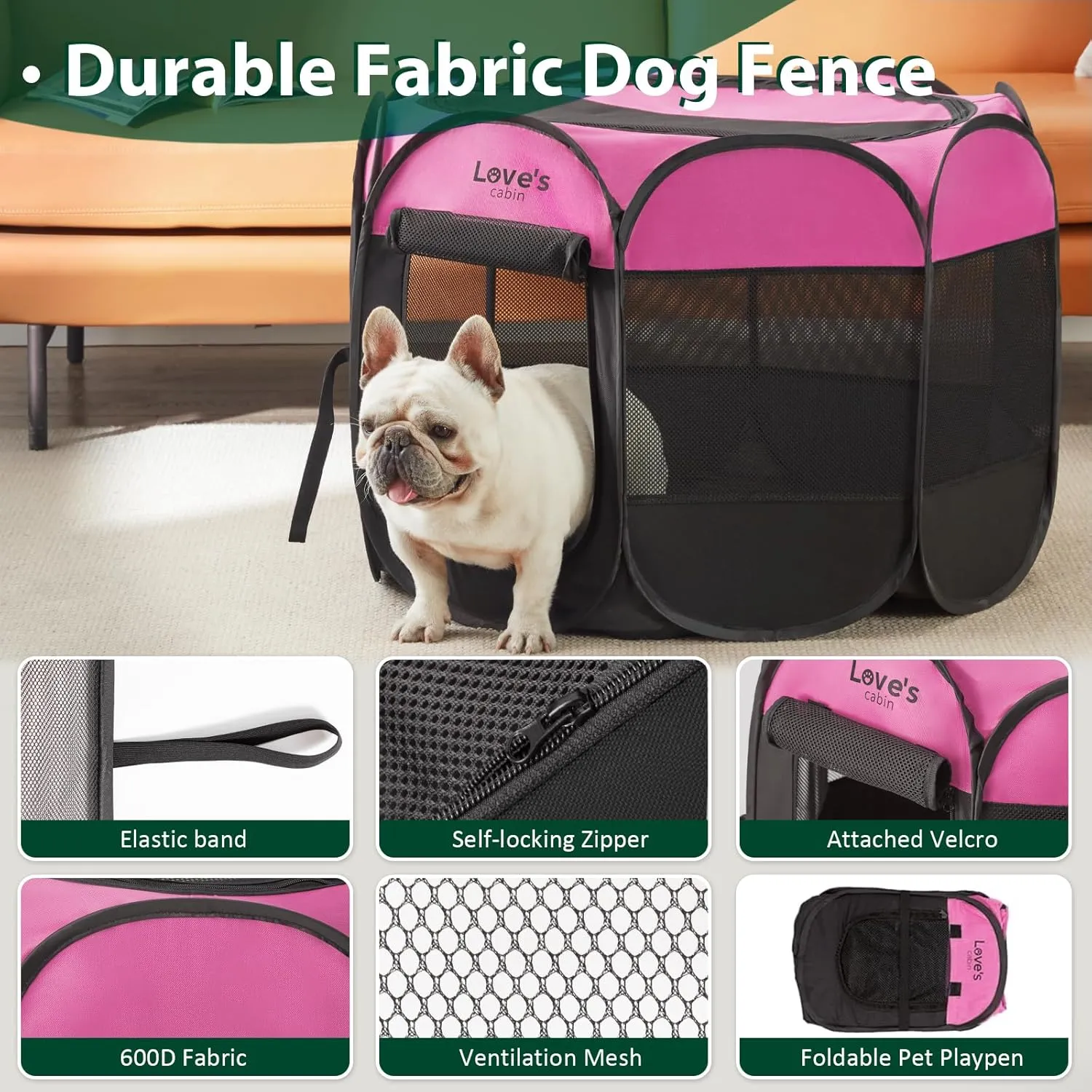 Love's Cabin Pet Puppy Playpen, Medium Dog Tent Crate, Portable Foldable Dog Kennel with Carrying Case, Removable Zipper Top, Pink