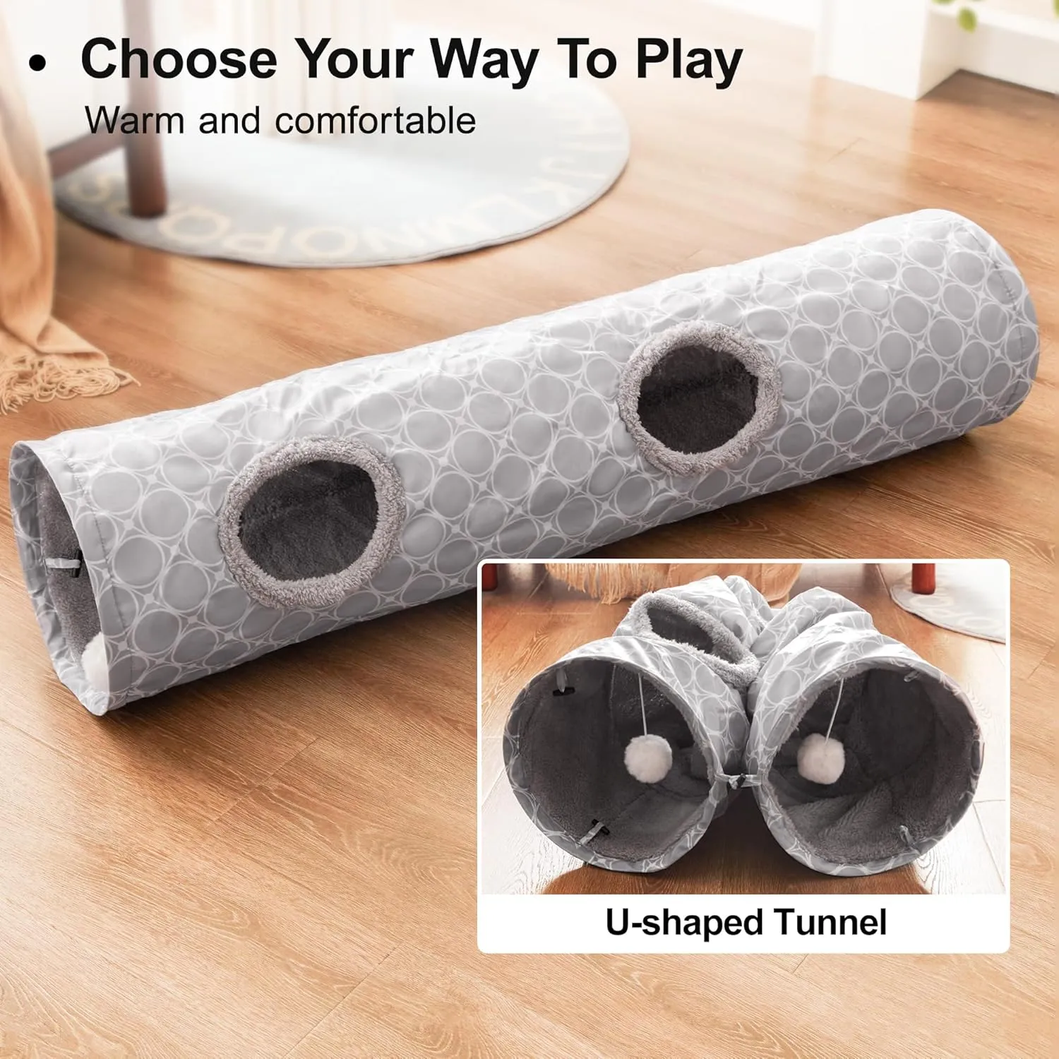 Loves Cabin Straight Cat Tunnel Tube Fleece-Lined in for Warmth, Cat Tunnels for Indoor Cats Collapsible with Balls, for Rabbits, Kittens, Puppy, Geometric Cat Toys Large Diameter 11 Inch Grey