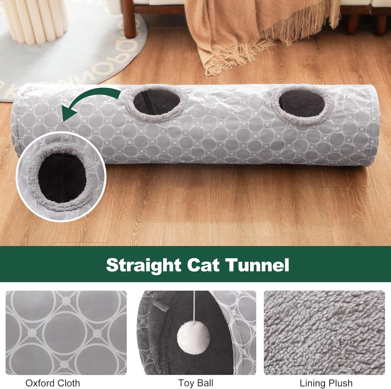 Loves Cabin Straight Cat Tunnel Tube Fleece-Lined in for Warmth, Cat Tunnels for Indoor Cats Collapsible with Balls, for Rabbits, Kittens, Puppy, Geometric Cat Toys Large Diameter 11 Inch Grey