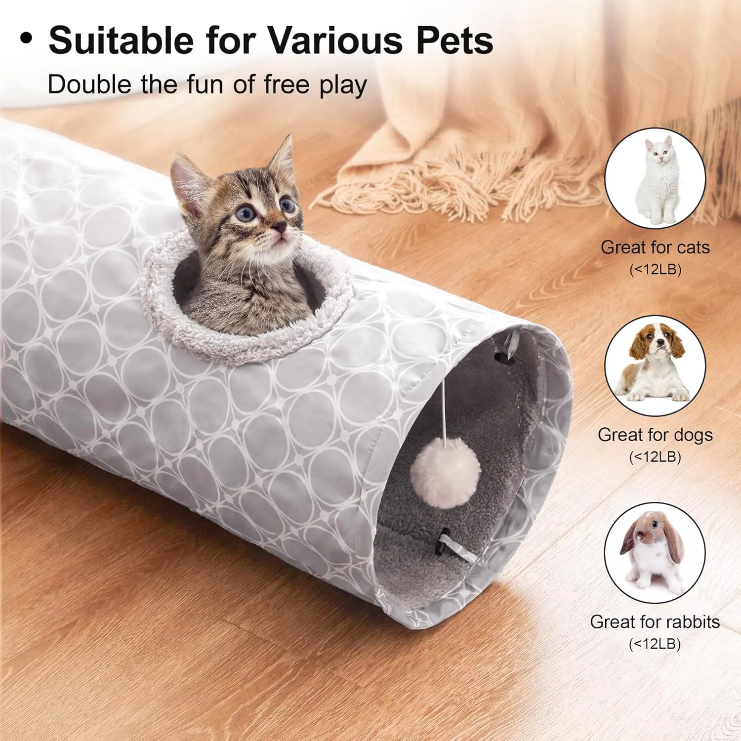 Loves Cabin Straight Cat Tunnel Tube Fleece-Lined in for Warmth, Cat Tunnels for Indoor Cats Collapsible with Balls, for Rabbits, Kittens, Puppy, Geometric Cat Toys Large Diameter 11 Inch Grey