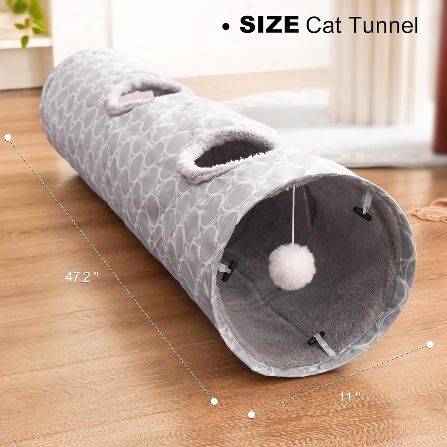 Loves Cabin Straight Cat Tunnel Tube Fleece-Lined in for Warmth, Cat Tunnels for Indoor Cats Collapsible with Balls, for Rabbits, Kittens, Puppy, Geometric Cat Toys Large Diameter 11 Inch Grey
