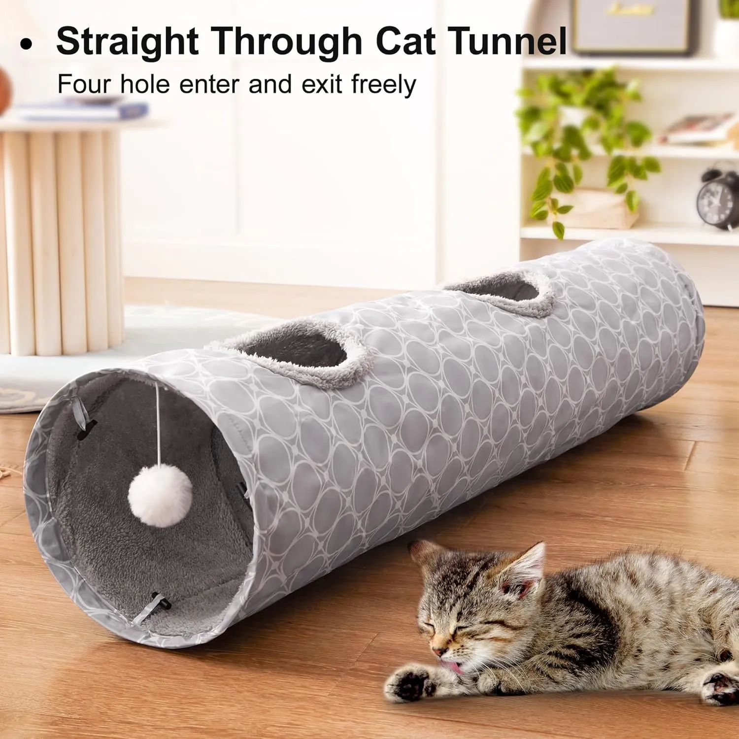 Loves Cabin Straight Cat Tunnel Tube Fleece-Lined in for Warmth, Cat Tunnels for Indoor Cats Collapsible with Balls, for Rabbits, Kittens, Puppy, Geometric Cat Toys Large Diameter 11 Inch Grey