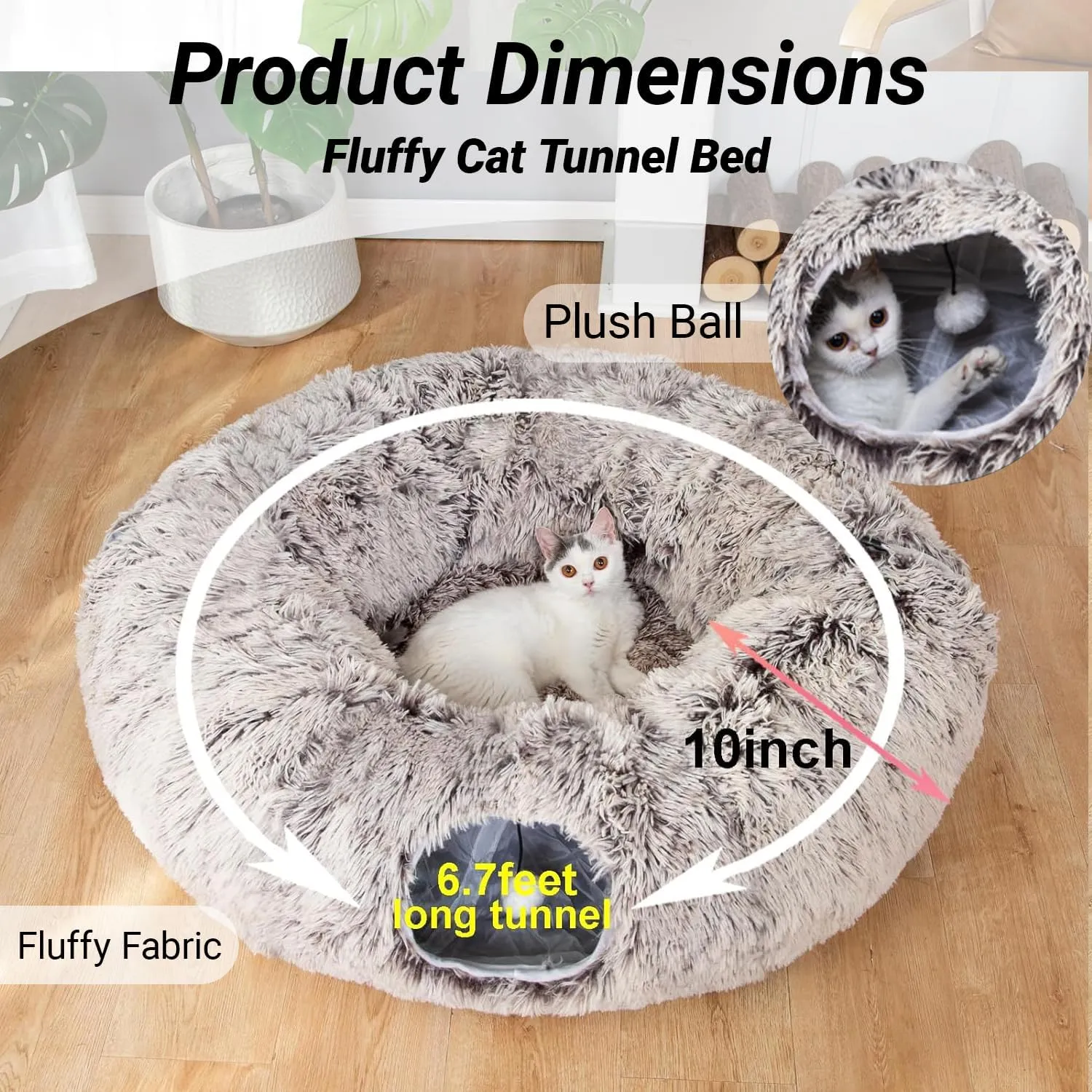 LUCKITTY Warm Fluffy Plush Cat Dog Tunnel Bed with Washable Cushion-Big Tube Playground Toys 3 FT Diameter Longer Crinkle Collapsible 3 Way, for Indoor Cat Kitty Kitten Puppy Rabbit Ferret Brown