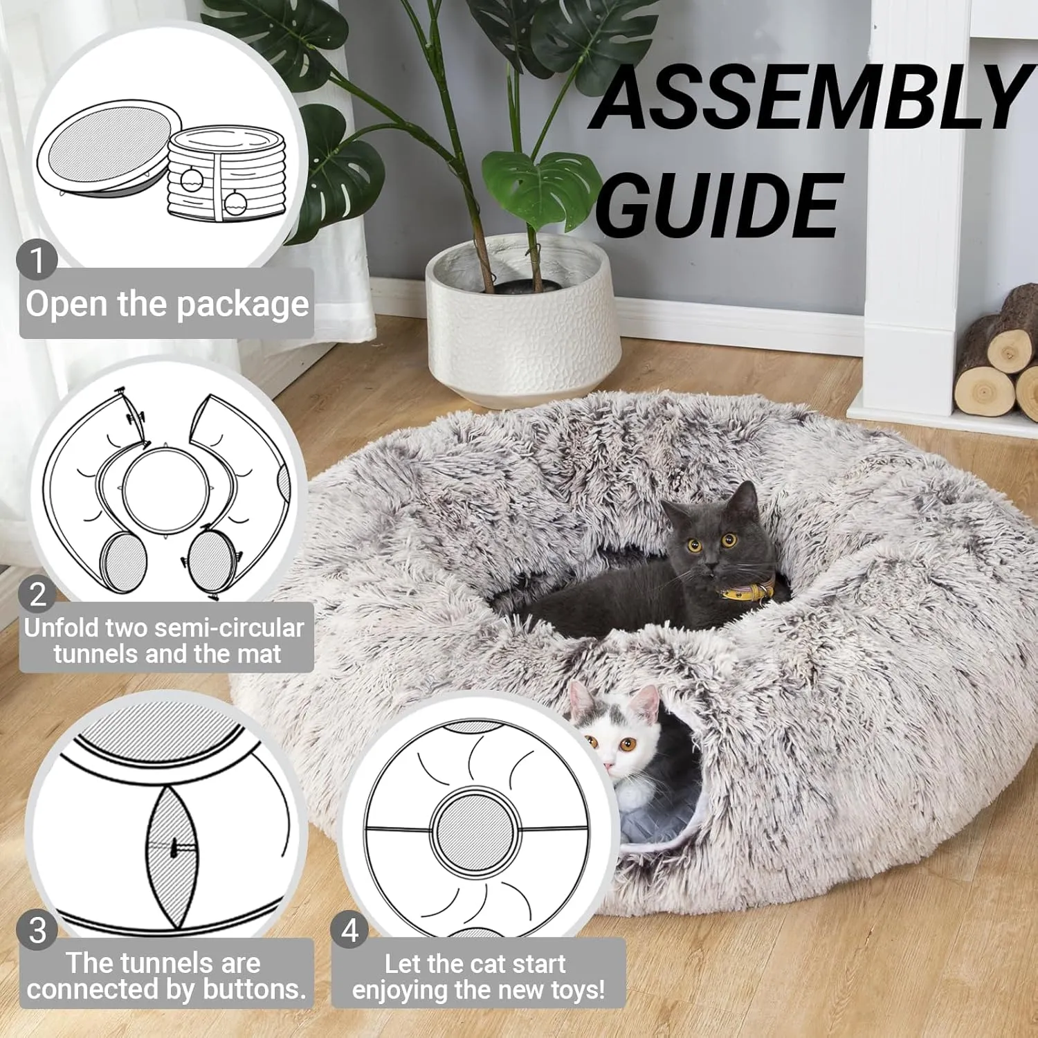LUCKITTY Warm Fluffy Plush Cat Dog Tunnel Bed with Washable Cushion-Big Tube Playground Toys 3 FT Diameter Longer Crinkle Collapsible 3 Way, for Indoor Cat Kitty Kitten Puppy Rabbit Ferret Brown