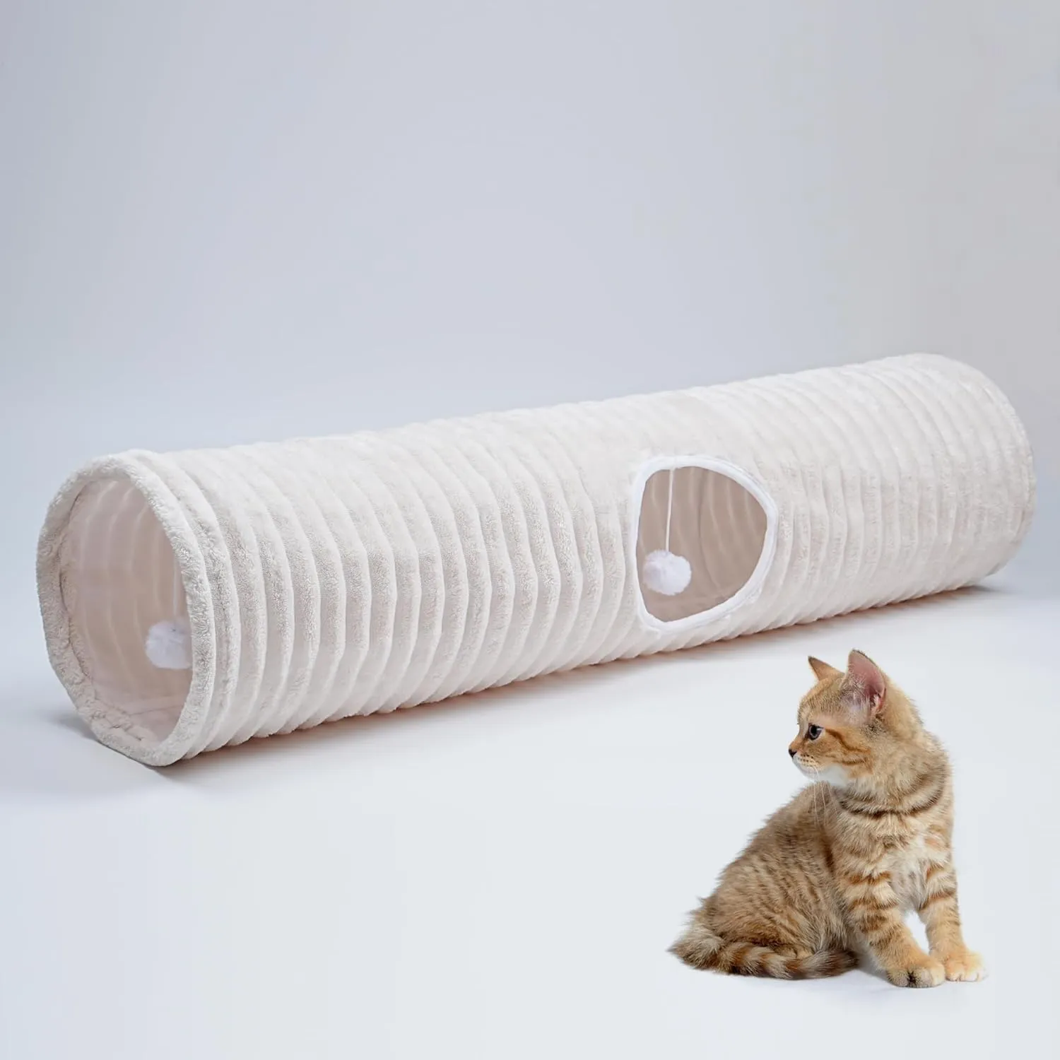 Luxurious Cat Tunnel,43" Straight Cat Tunnel Toys with Balls for Indoor,Collapsible Peekaboo Cave for Kitten White Stripe