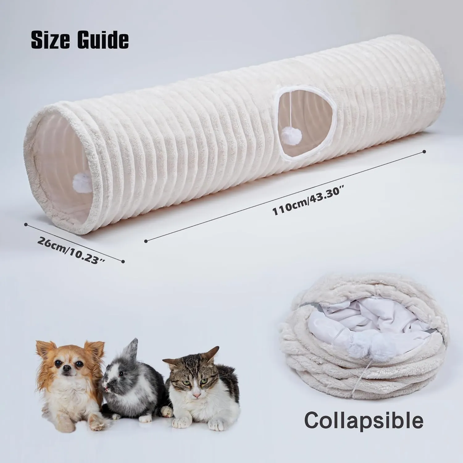 Luxurious Cat Tunnel,43" Straight Cat Tunnel Toys with Balls for Indoor,Collapsible Peekaboo Cave for Kitten White Stripe