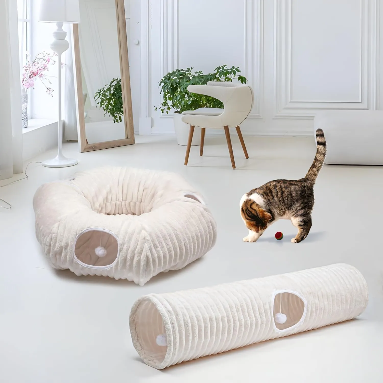Luxurious Cat Tunnel,43" Straight Cat Tunnel Toys with Balls for Indoor,Collapsible Peekaboo Cave for Kitten White Stripe