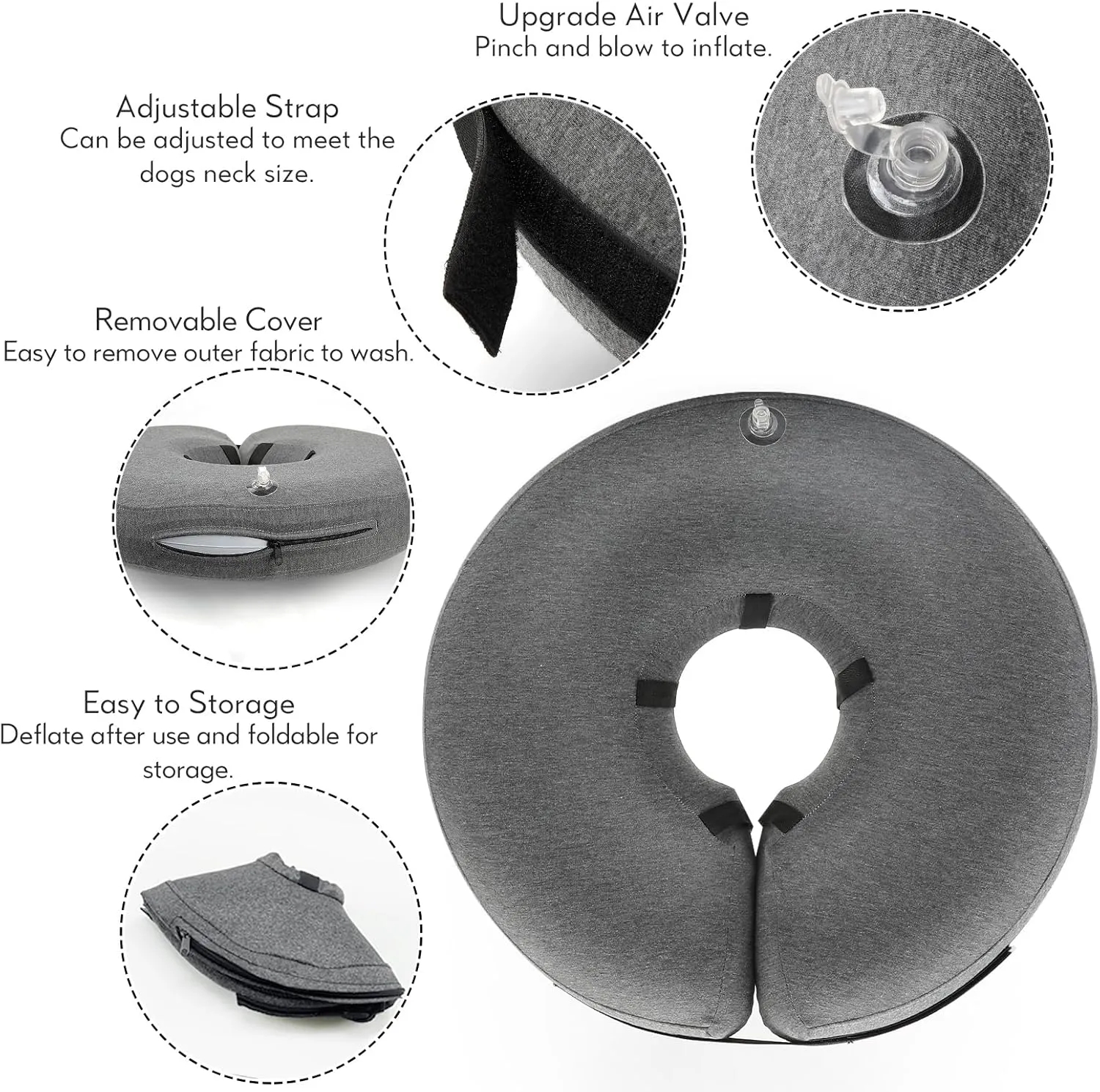 MIDOG Inflatable Dog Neck Donut Collar Alternative After Surgery, Soft Protective Recovery Cone for Small Medium Large Dogs and Cats Puppies - Alternative E Collar (Gray, XL)