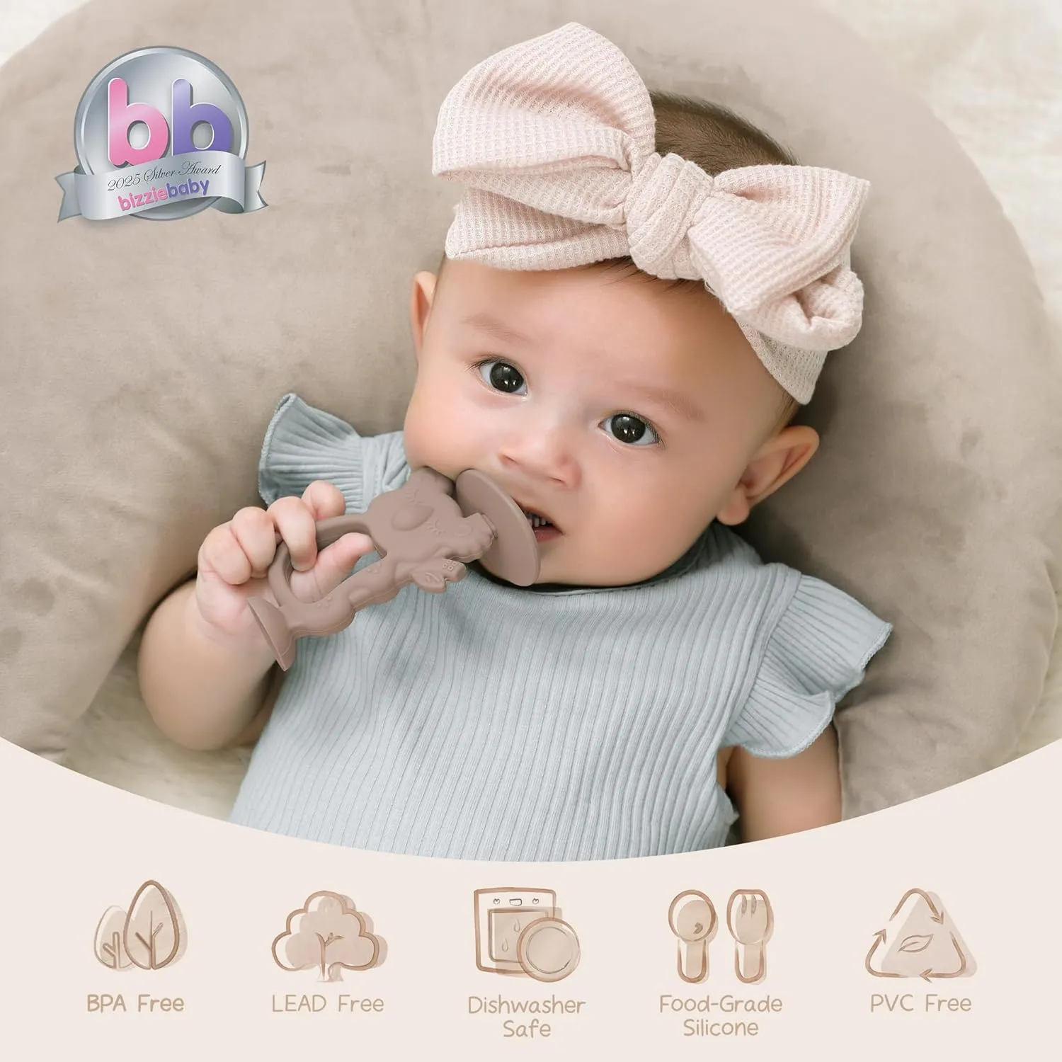 Moonkie Teething Toy, Safe & Easy to Hold BPA Free Silicone Teethers, 360 Baby Toothbrush with Suction Base, Teether Toys Best for Babies 6-12 Months (Koala Warm Taupe)