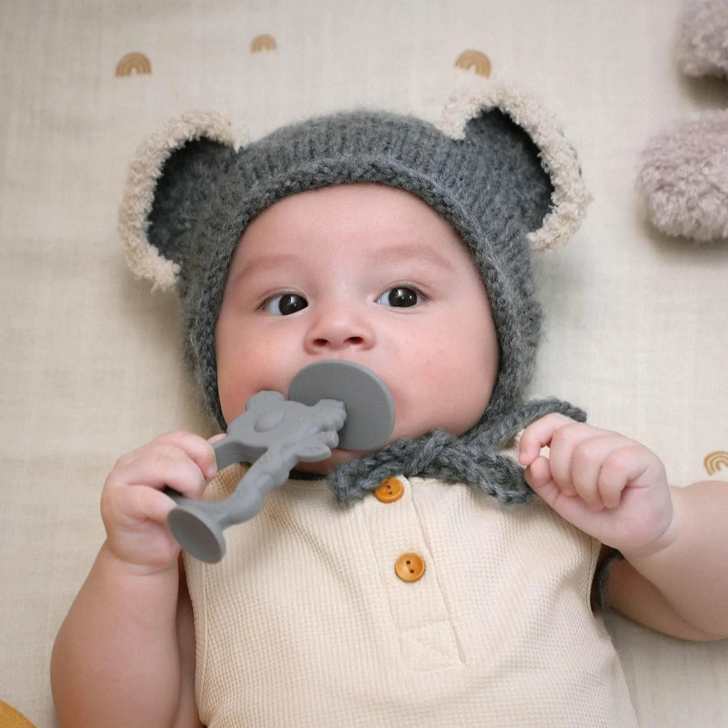 Moonkie Teething Toy, Safe & Easy to Hold BPA Free Silicone Teethers, 360 Baby Toothbrush with Suction Base, Teether Toys Best for Babies 6-12 Months (Koala Warm Taupe)