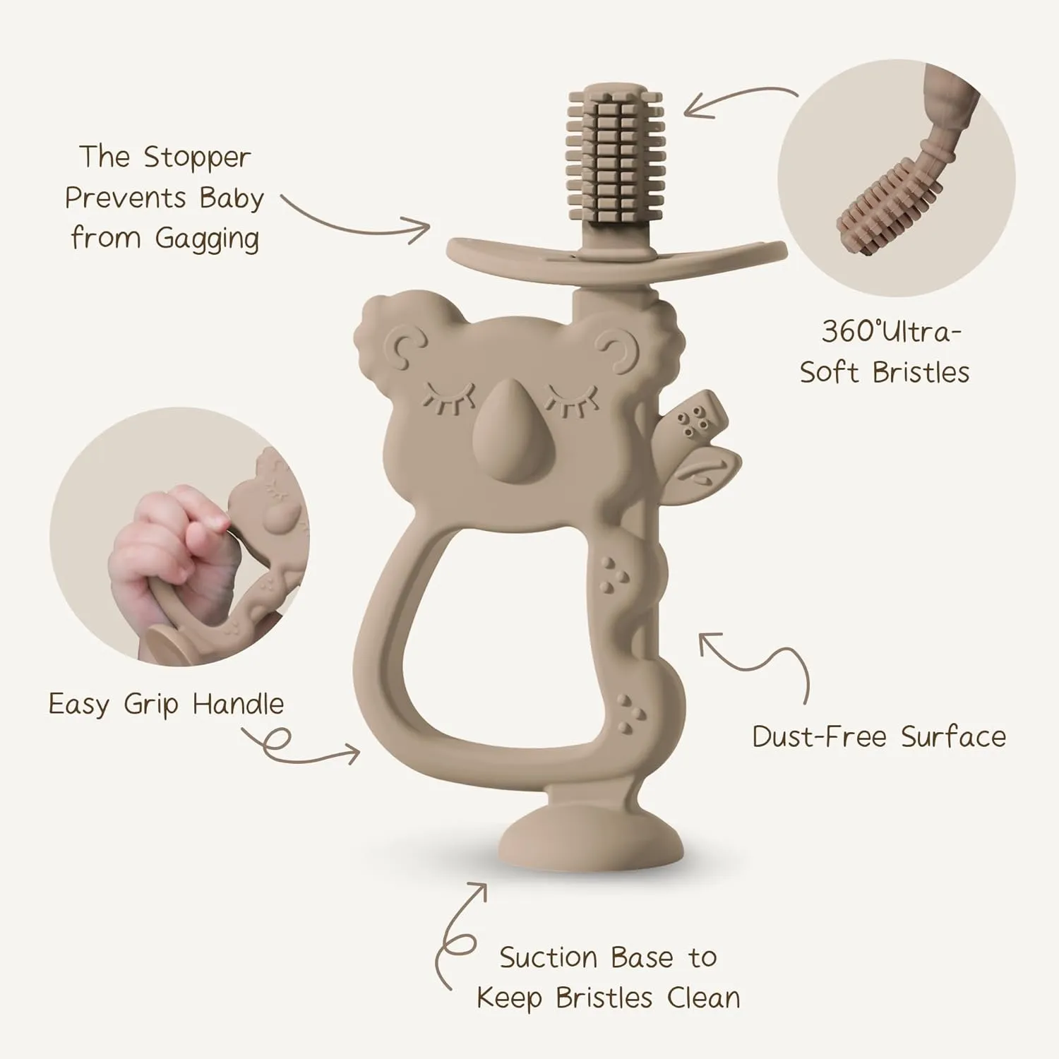 Moonkie Teething Toy, Safe & Easy to Hold BPA Free Silicone Teethers, 360 Baby Toothbrush with Suction Base, Teether Toys Best for Babies 6-12 Months (Koala Warm Taupe)