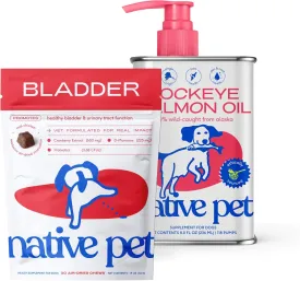 Native Pet Bladder & Omega Boost Bundle: Bladder Chews for Dogs (30 Air-Dried Chews) & Sockeye Salmon Oil (8 Oz.) - UTI Treatment & Prevention Plus Healthy Skin, Shiny Coats, Happy Joints!