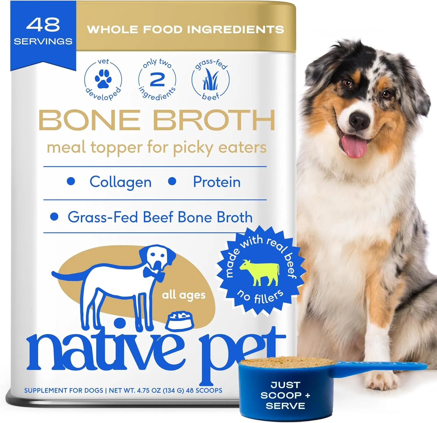 Native Pet Bone Broth for Dogs and Cats - Made with Real Beef Bone Broth, Dog Food Toppers for Picky Eaters - Provides Extra Hydration & Nutrition for Joint Strength, Immunity & Heart Health-48 Scoops