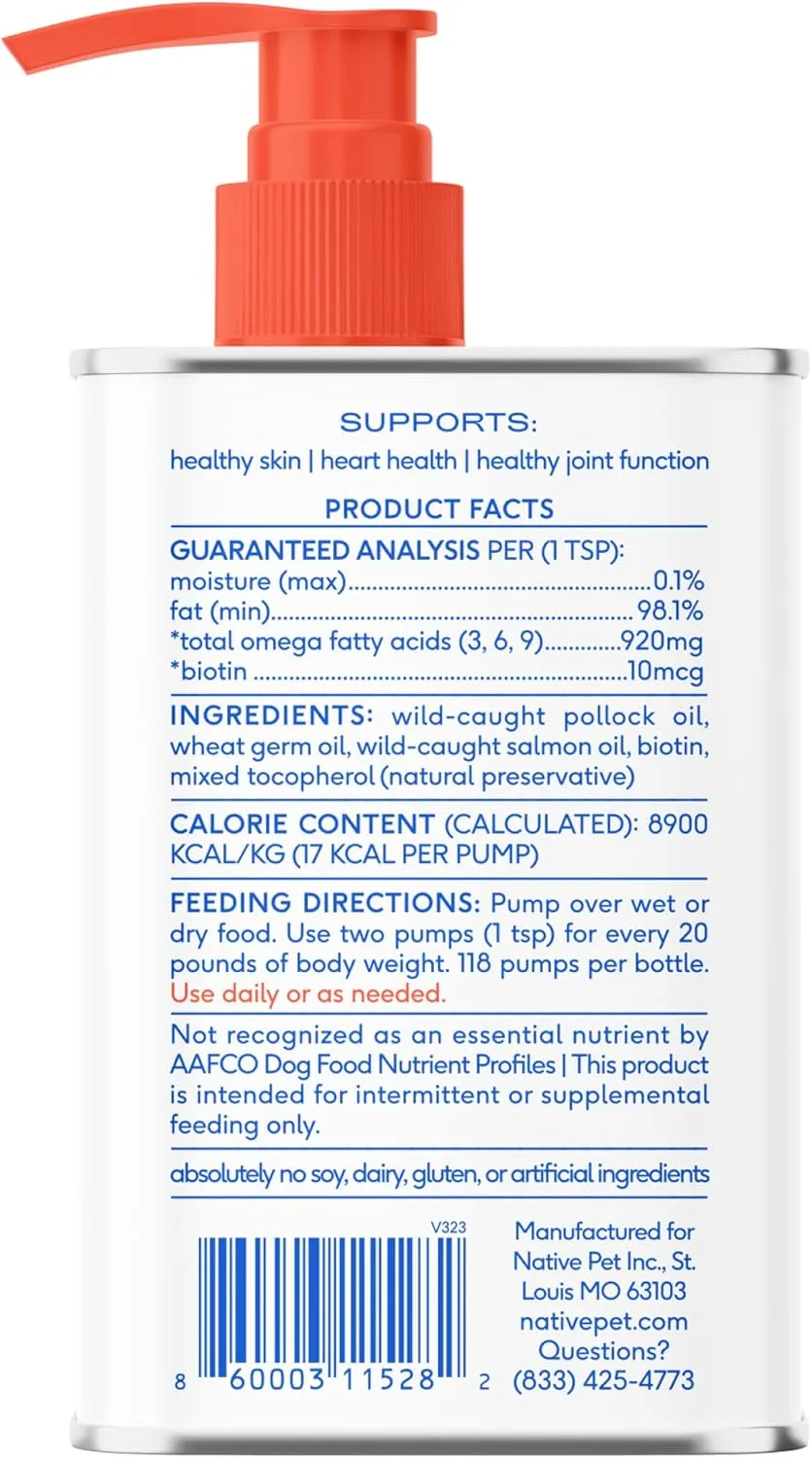 Native Pet Omega 3 Fish Oil for Dogs & Cats - Promotes Healthy Skin, Shiny Coat, & Strong Joints - Made with Wild Alaskan Salmon Oil for Dogs  Tasty, Fast-Absorbing Omega 3 6 9 Liquid Supplement- 8oz