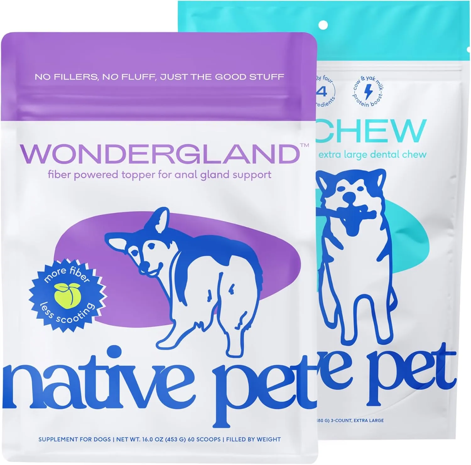Native Pet WonderGland (60 Scoops) & Yak Chews (3 XL Chews) - Dog Anal Gland Treatment Using Fiber for Dogs & All Natural Dental Stick Made with Yak Cheese for Aggressive Chewers