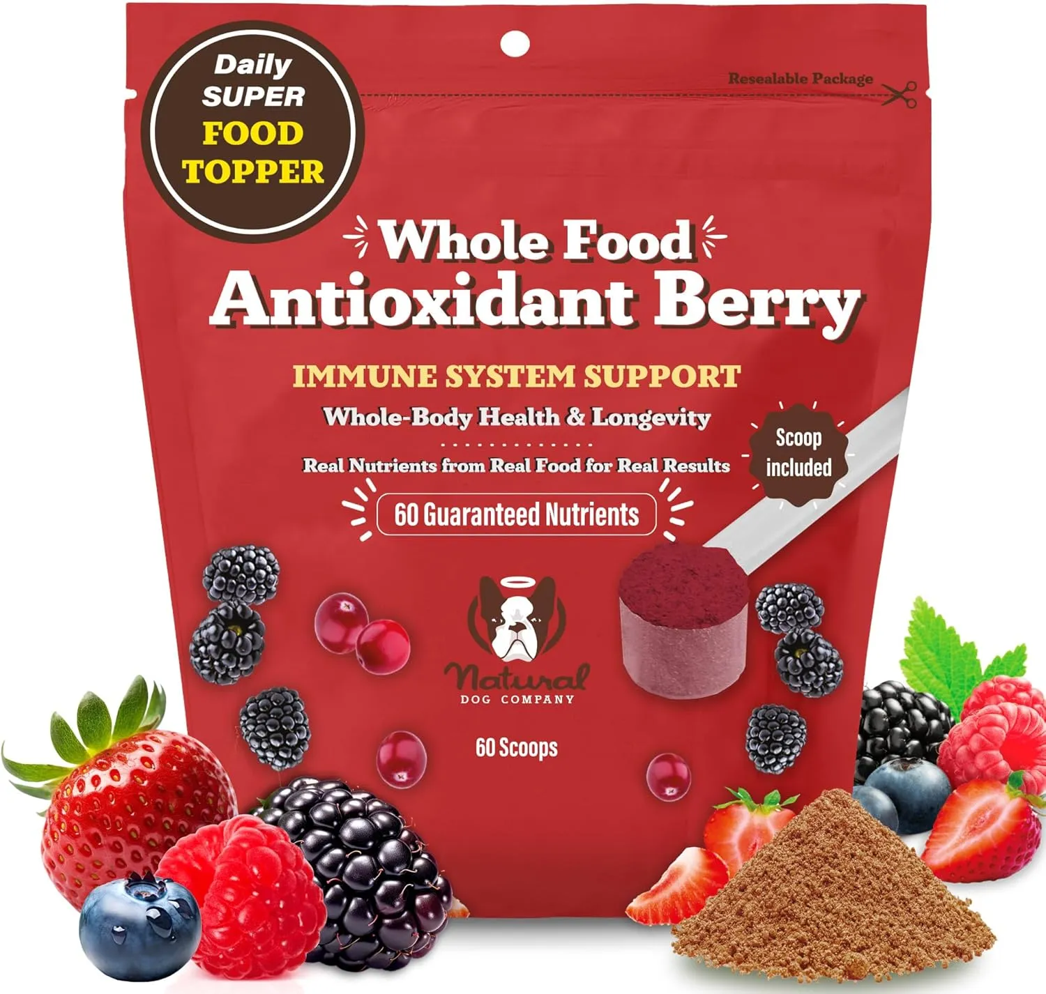 Natural Dog Company Dog Food Topper, Antioxidant Berry Vitamins & Superfood Meal Topper Supplement, Holistic Nutrition, Dog Food Seasoning, Immune Support, All Breeds, Ages, & Sizes of Dogs, 8oz Bag