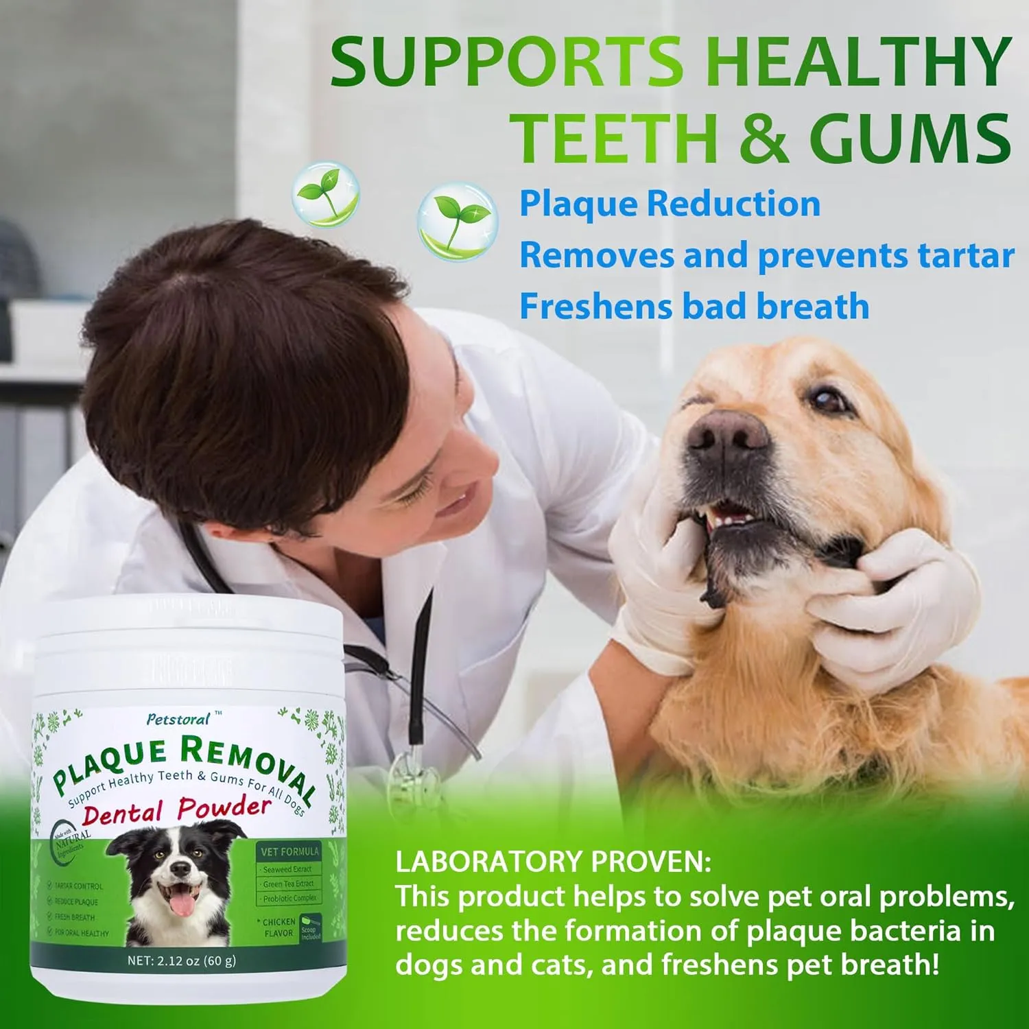 Natural Dog Dental Powder, Dog Dental Care - Plaque Remover and Bad Breath Treatment, Healthy Gums & Fresh Breath for All Dogs and Cats 2 oz.