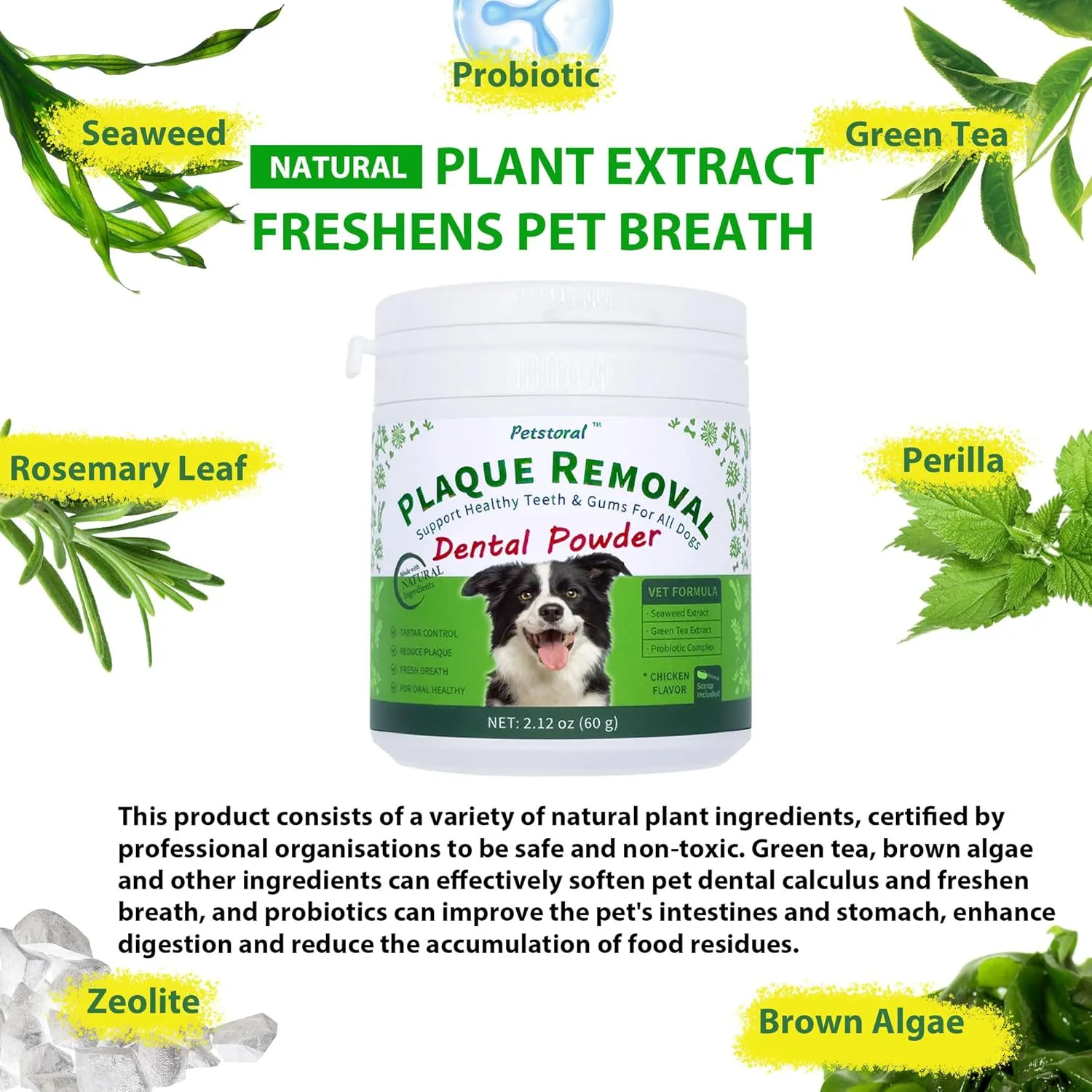 Natural Dog Dental Powder, Dog Dental Care - Plaque Remover and Bad Breath Treatment, Healthy Gums & Fresh Breath for All Dogs and Cats 2 oz.