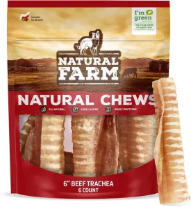 Natural Farm Beef Trachea for Dogs (6 Inch, 6 Pack)- 100% Beef,Odor Free Trachea Dog Chews- Glucosamine & Chondroitin for Joint & Hip Mobility, Bone Strength- Low-Fat Crunchy & Crispy- for All Dogs