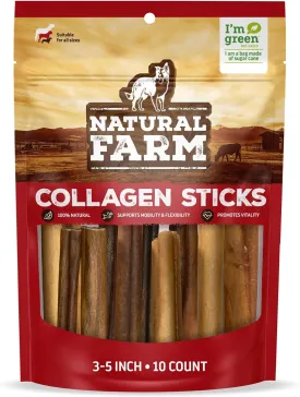Natural Farm Collagen Dog Chews (3-5, 10 Units), Odor-Free Long Lasting Bully Sticks & Rawhide Alternative Dog Treats, 95% Collagen Low Fat, High Protein  Small & Medium Dogs