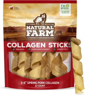 Natural Farm Curly Pork Collagen Sticks (5-6 Inch, 12 Pack), Fully Digestible & Natural Dog Chews, Flavorful & Long Lasting, Best for Small & Medium Chewers, Odor-Free Rawhide Alternative