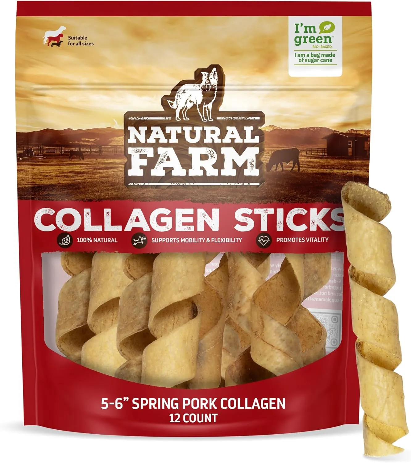 Natural Farm Curly Pork Collagen Sticks (5-6 Inch, 12 Pack), Fully Digestible & Natural Dog Chews, Flavorful & Long Lasting, Best for Small & Medium Chewers, Odor-Free Rawhide Alternative