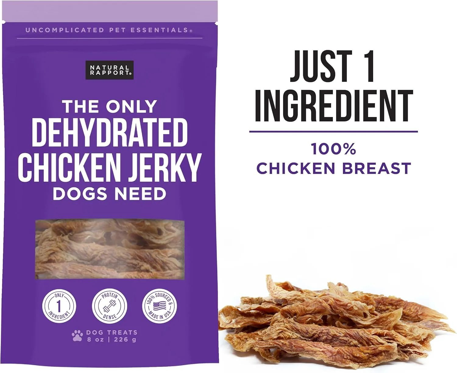 Natural Rapport Chicken Jerky Dog Treats - The Only Chicken Tender Jerky Dogs Need - All Natural Dog Treats for Small and Large Dogs (8 oz)